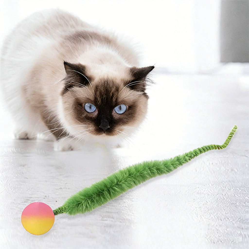 Anna-Kaci Interactive Bouncy Ball with Tail for Cat Fuzzy Worm Fetch Toy for Bored Indoor Adult Cats and Kitties