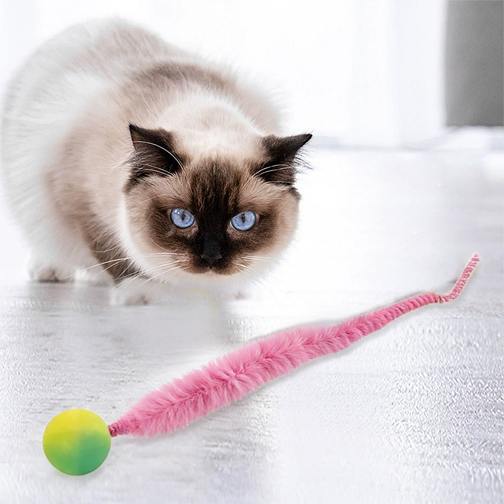 Anna-Kaci Interactive Bouncy Ball with Tail for Cat Fuzzy Worm Fetch Toy for Bored Indoor Adult Cats and Kitties