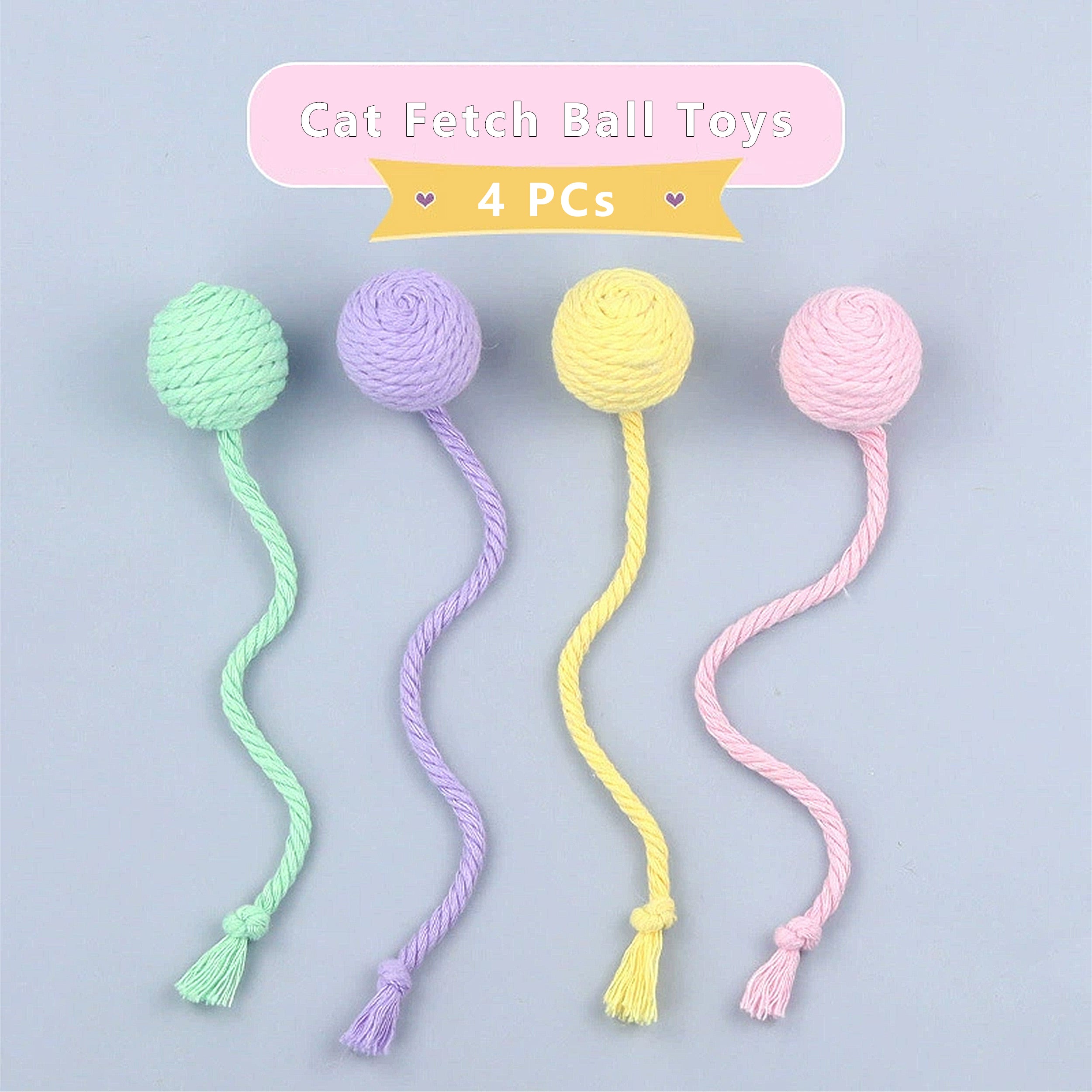 Anna-Kaci 4PCs Cat Fetch Ball Toys with Rope Tails Squeaky Interactive Toys for Adult Cats and Kittens