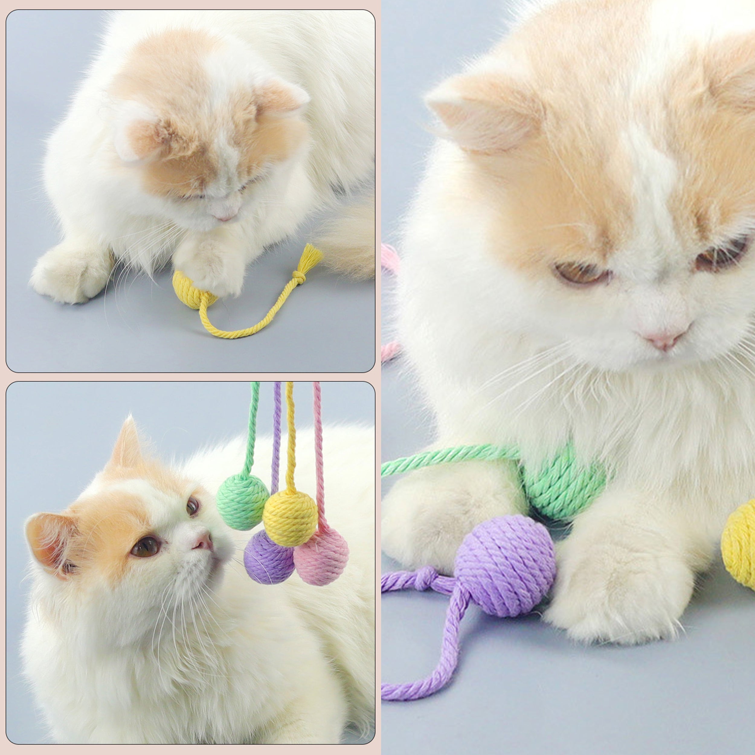 Anna-Kaci 4PCs Cat Fetch Ball Toys with Rope Tails Squeaky Interactive Toys for Adult Cats and Kittens
