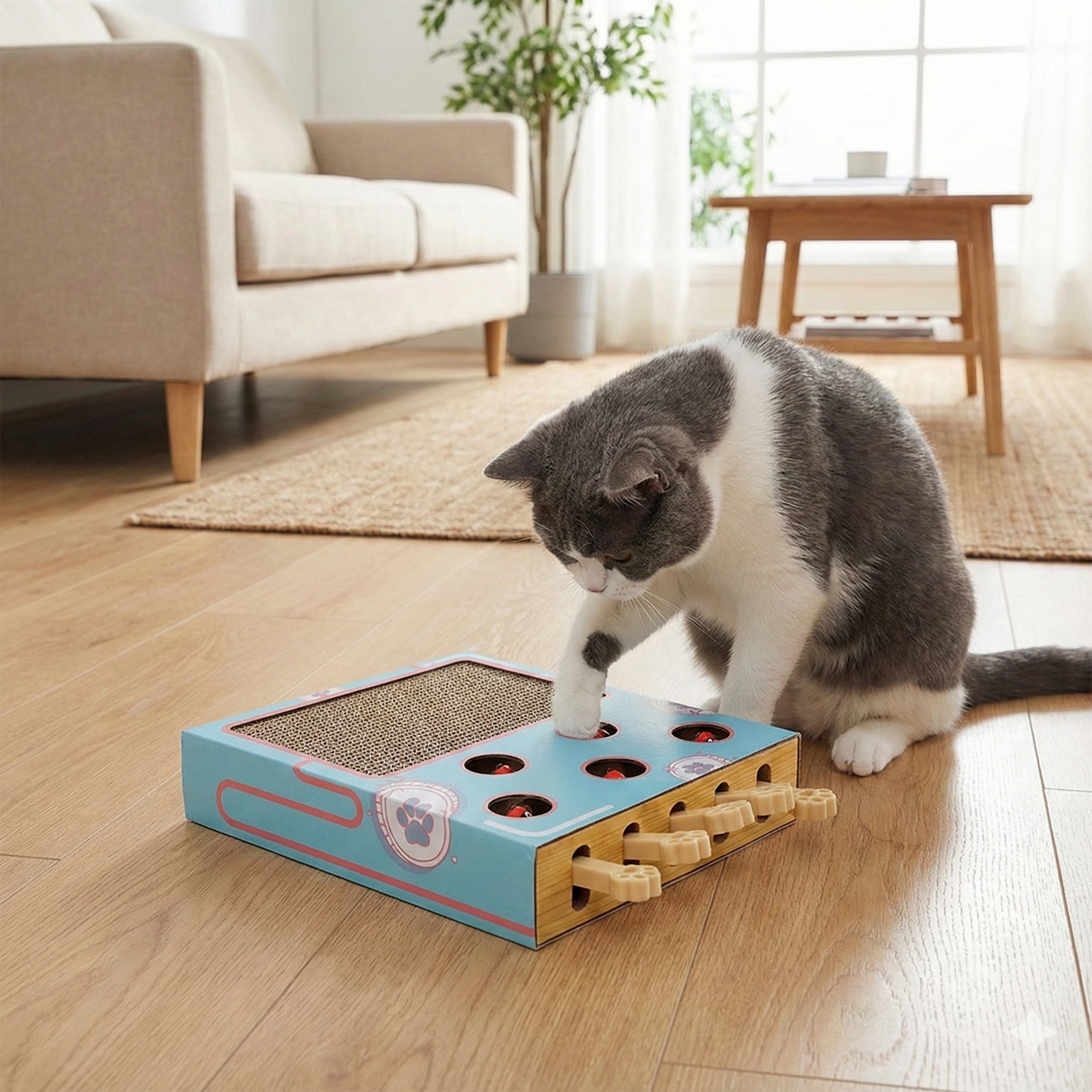Anna-Kaci Interactive Cat Puzzle Scratcher with Pull Tabs Whack a Mole Toy Corrugated Cardboard Cat Activity Board