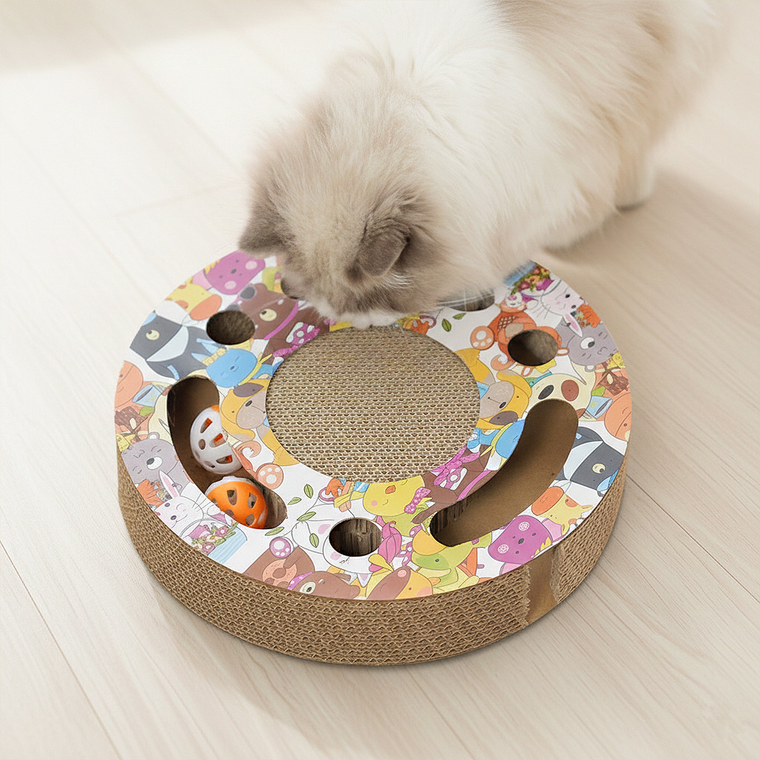 Anna-Kaci Round Cat Scratcher Toy with Jingle Balls Corrugated Cardboard Puzzle Interactive Cat Activity Board