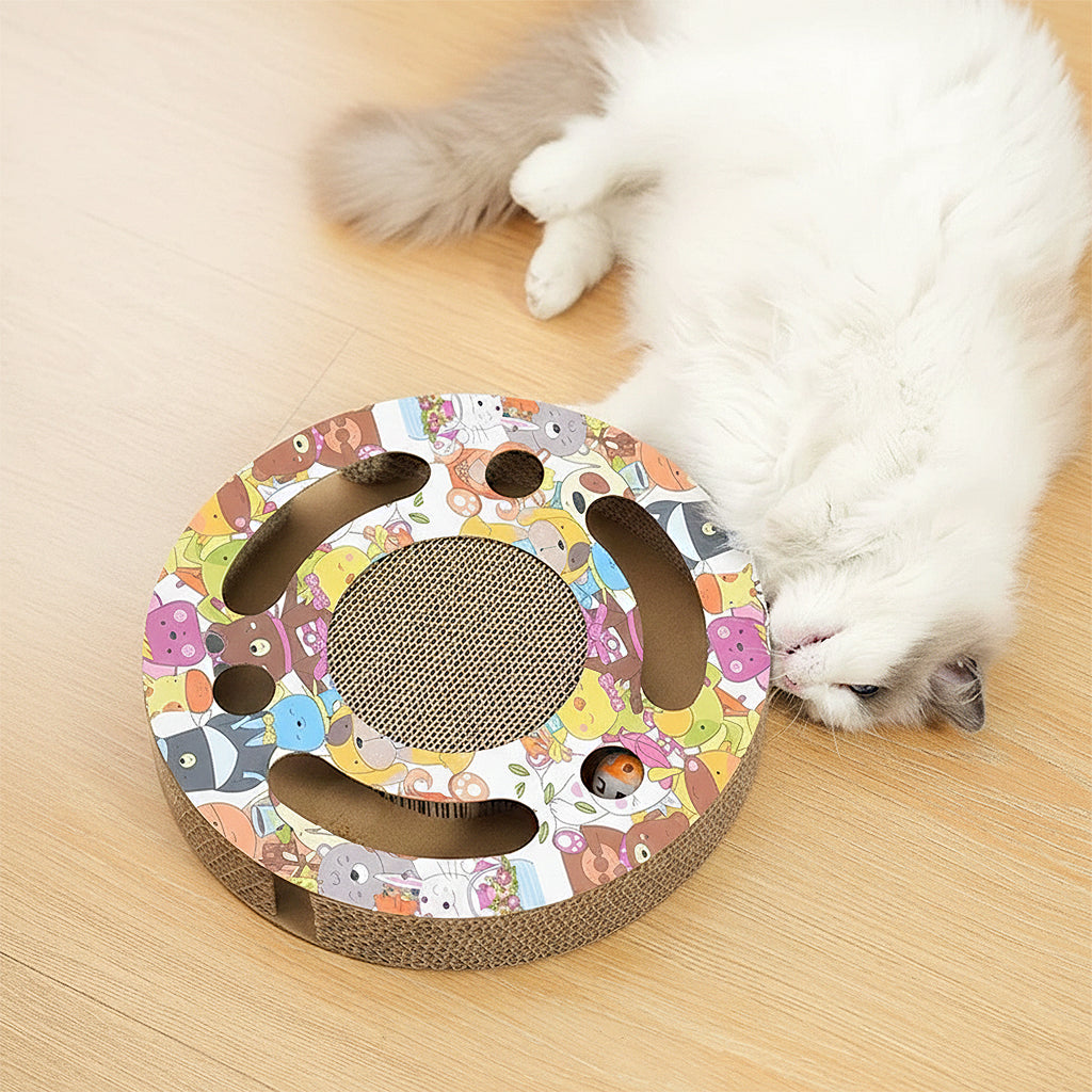 Anna-Kaci Round Cat Scratcher Toy with Jingle Balls Corrugated Cardboard Puzzle Interactive Cat Activity Board