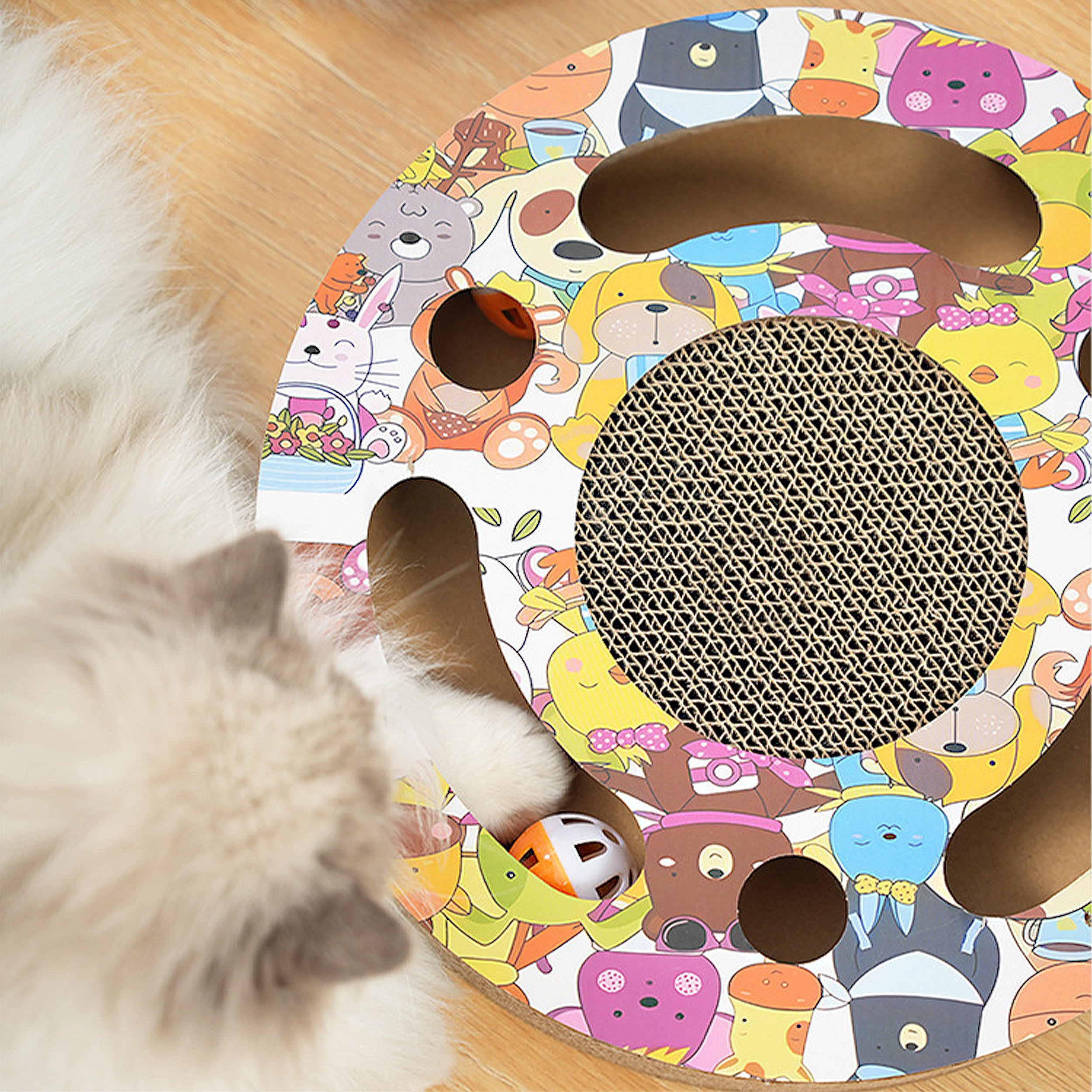Anna-Kaci Round Cat Scratcher Toy with Jingle Balls Corrugated Cardboard Puzzle Interactive Cat Activity Board