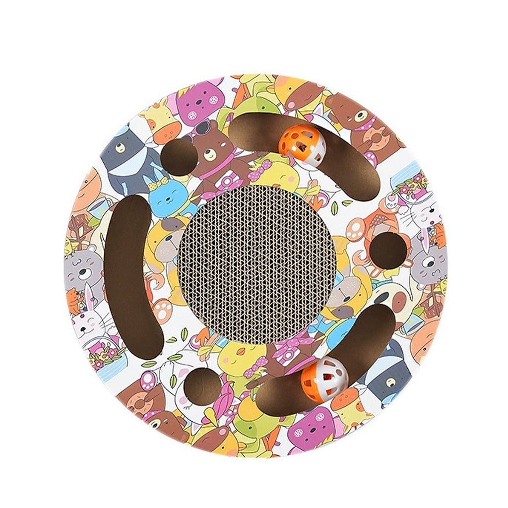 Anna-Kaci Round Cat Scratcher Toy with Jingle Balls Corrugated Cardboard Puzzle Interactive Cat Activity Board
