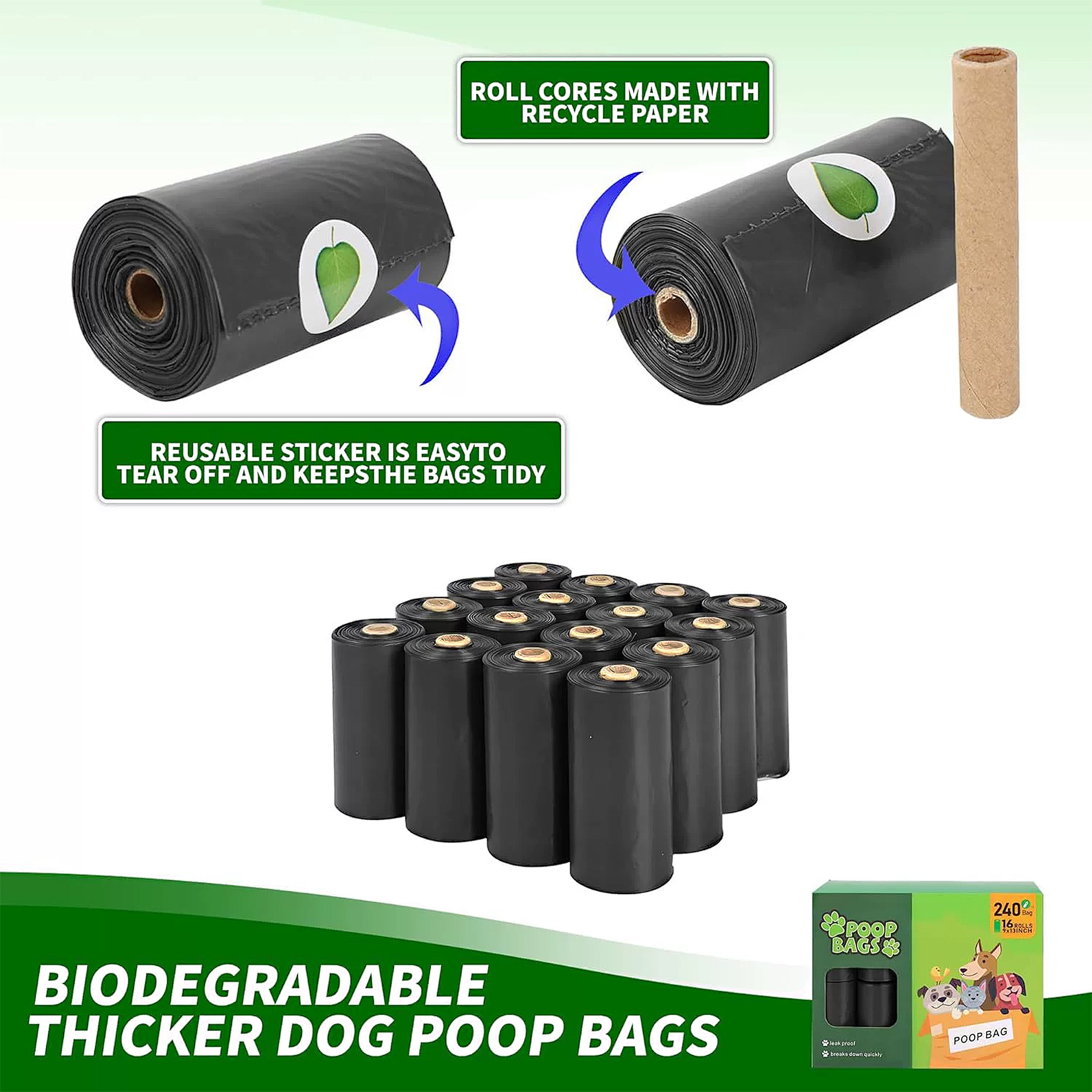 Anna-Kaci Biodegradable Dog Waste Bags Leakproof Easy Tear Black Cleanup Bags with Dispenser for Pets