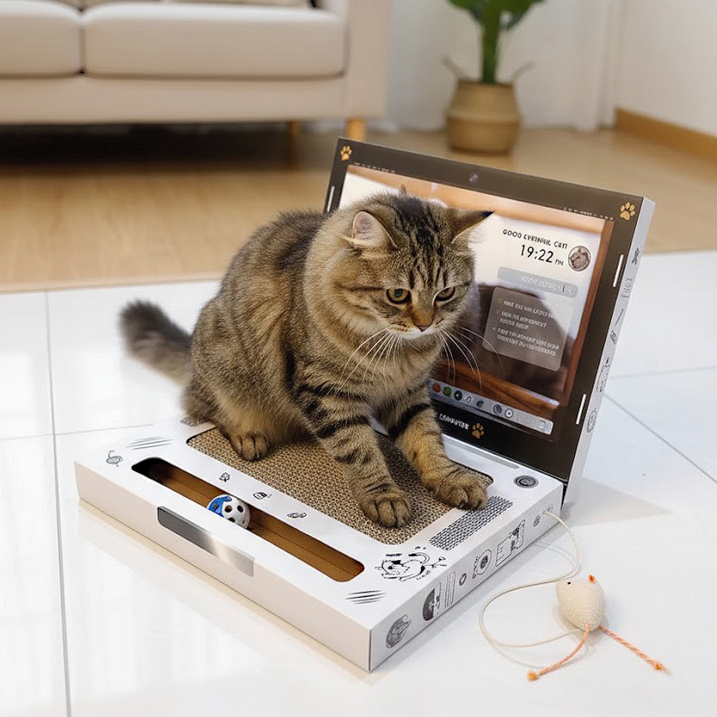 Anna-Kaci Interactive Cat Scratch Board with Corrugated Cardboard and Hanging Mouse Toy