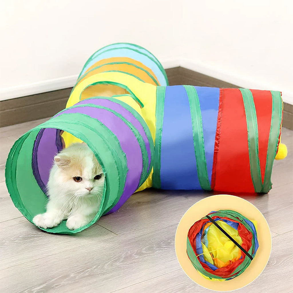 Anna-Kaci 3 Way Cat Tunnel Toy with Crinkle Fabric and Hanging Ball Collapsible Design