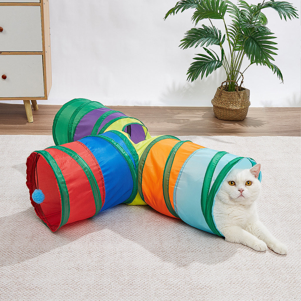 Anna-Kaci 3 Way Cat Tunnel Toy with Crinkle Fabric and Hanging Ball Collapsible Design