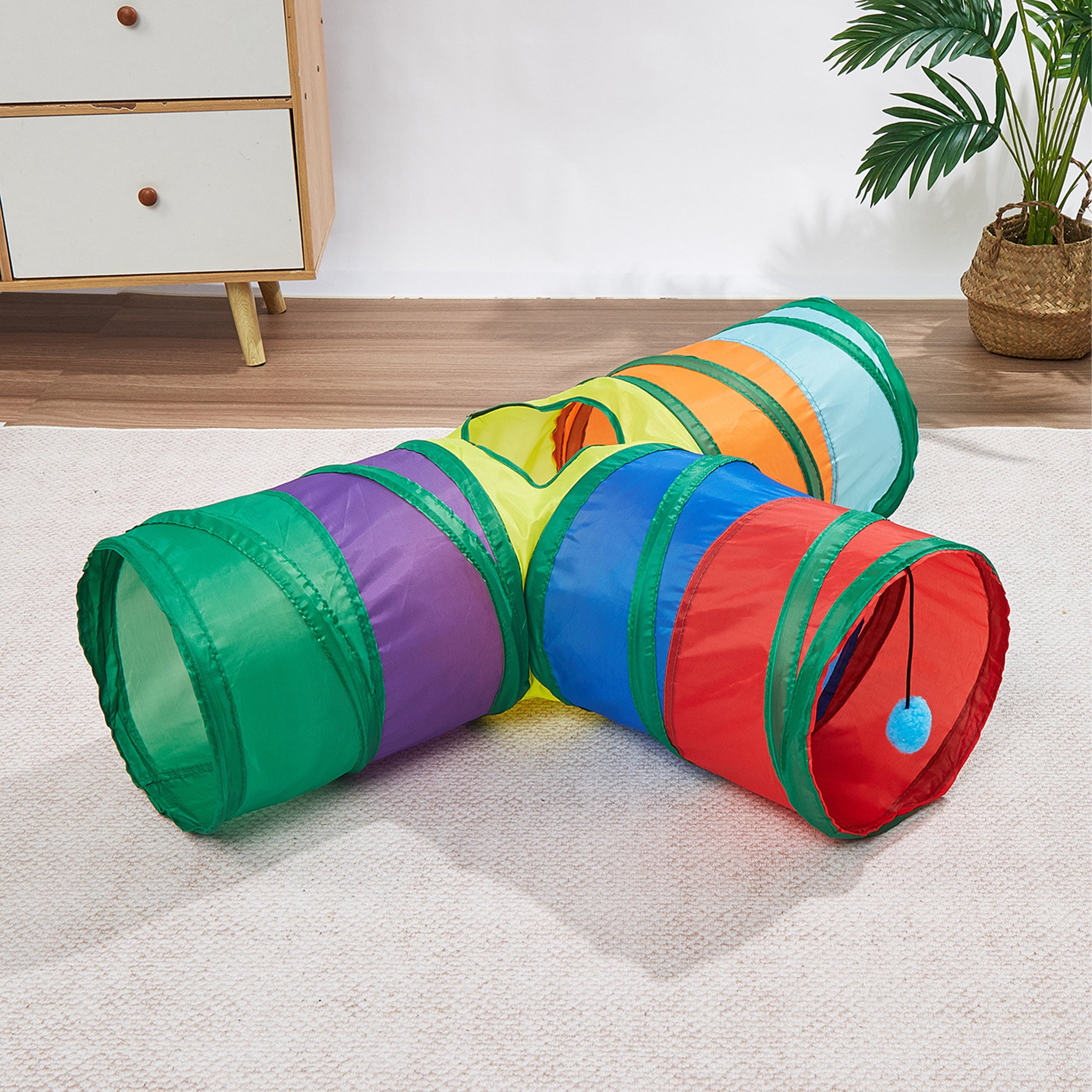 Anna-Kaci 3 Way Cat Tunnel Toy with Crinkle Fabric and Hanging Ball Collapsible Design