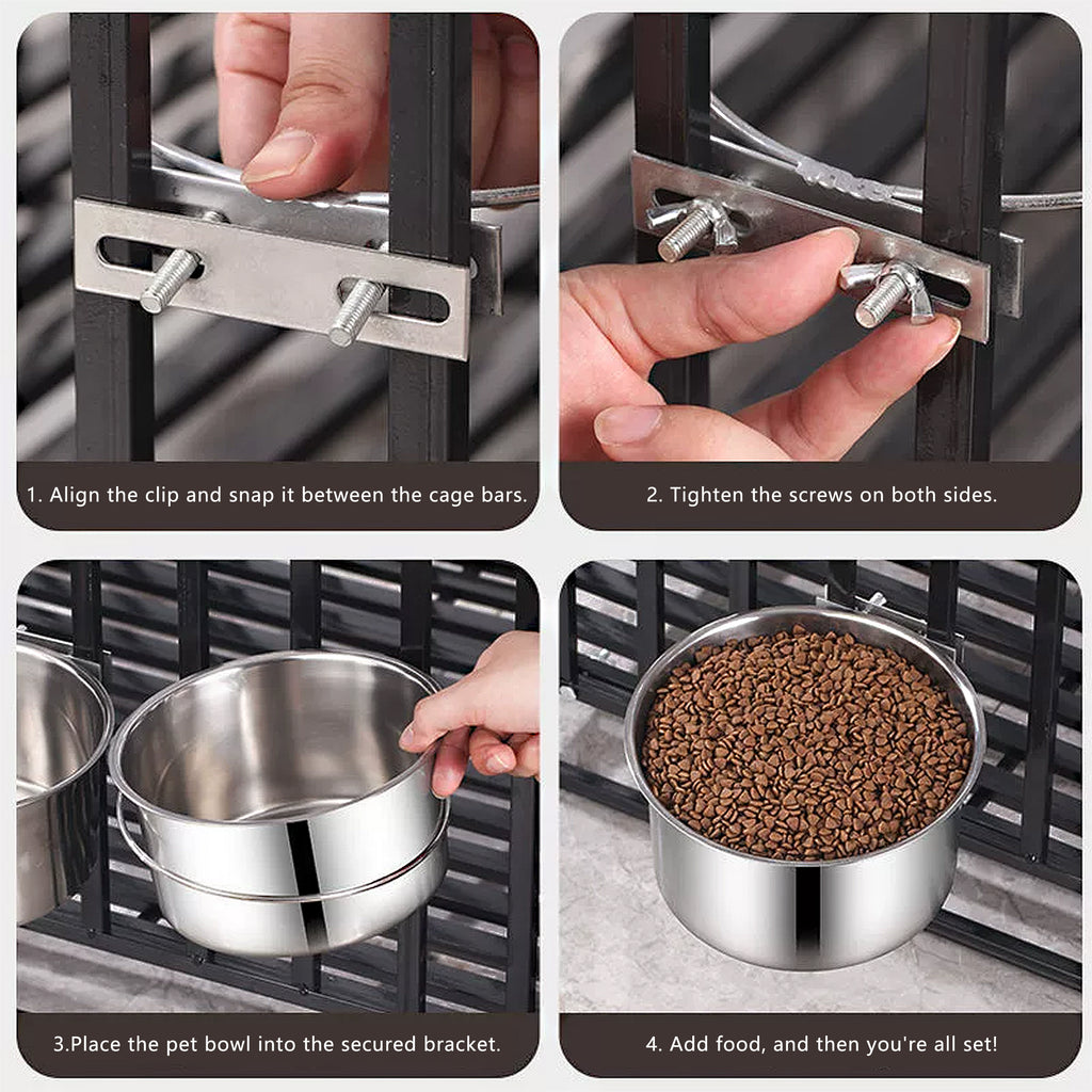 Anna-Kaci Stainless Steel Dog Crate Mounted Bowl with Adjustable Clamp Bracket