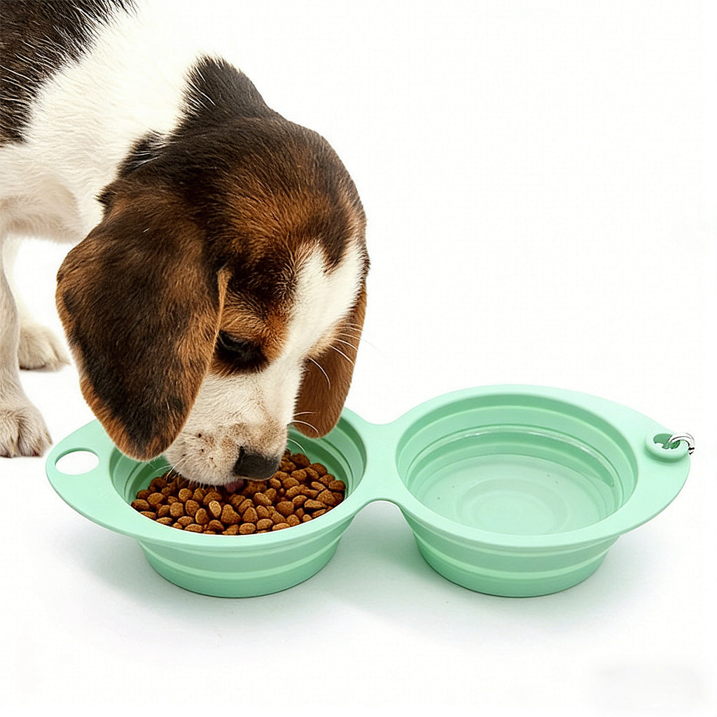 Anna-Kaci Collapsible Silicone Double Pet Bowl with Clip, Lightweight Travel Food and Water Feeder