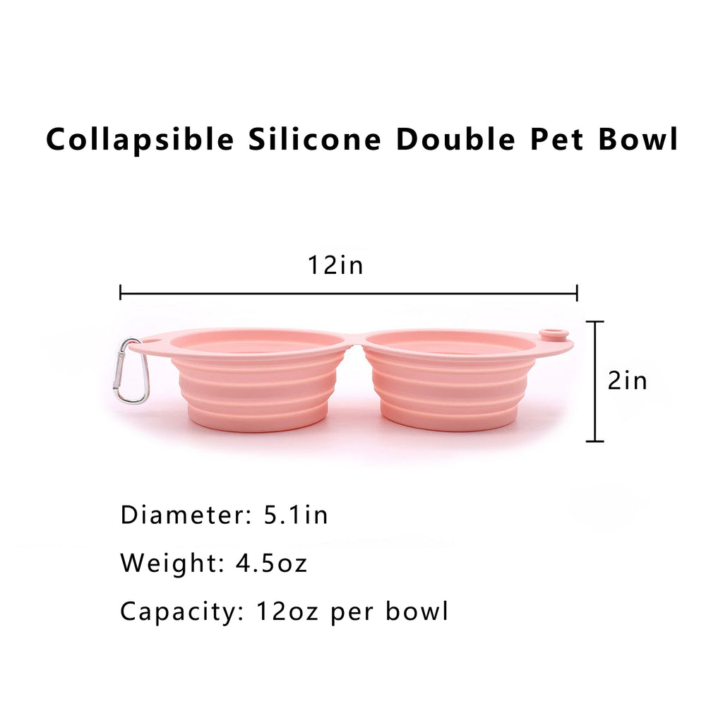 Anna-Kaci Collapsible Silicone Double Pet Bowl with Clip, Lightweight Travel Food and Water Feeder
