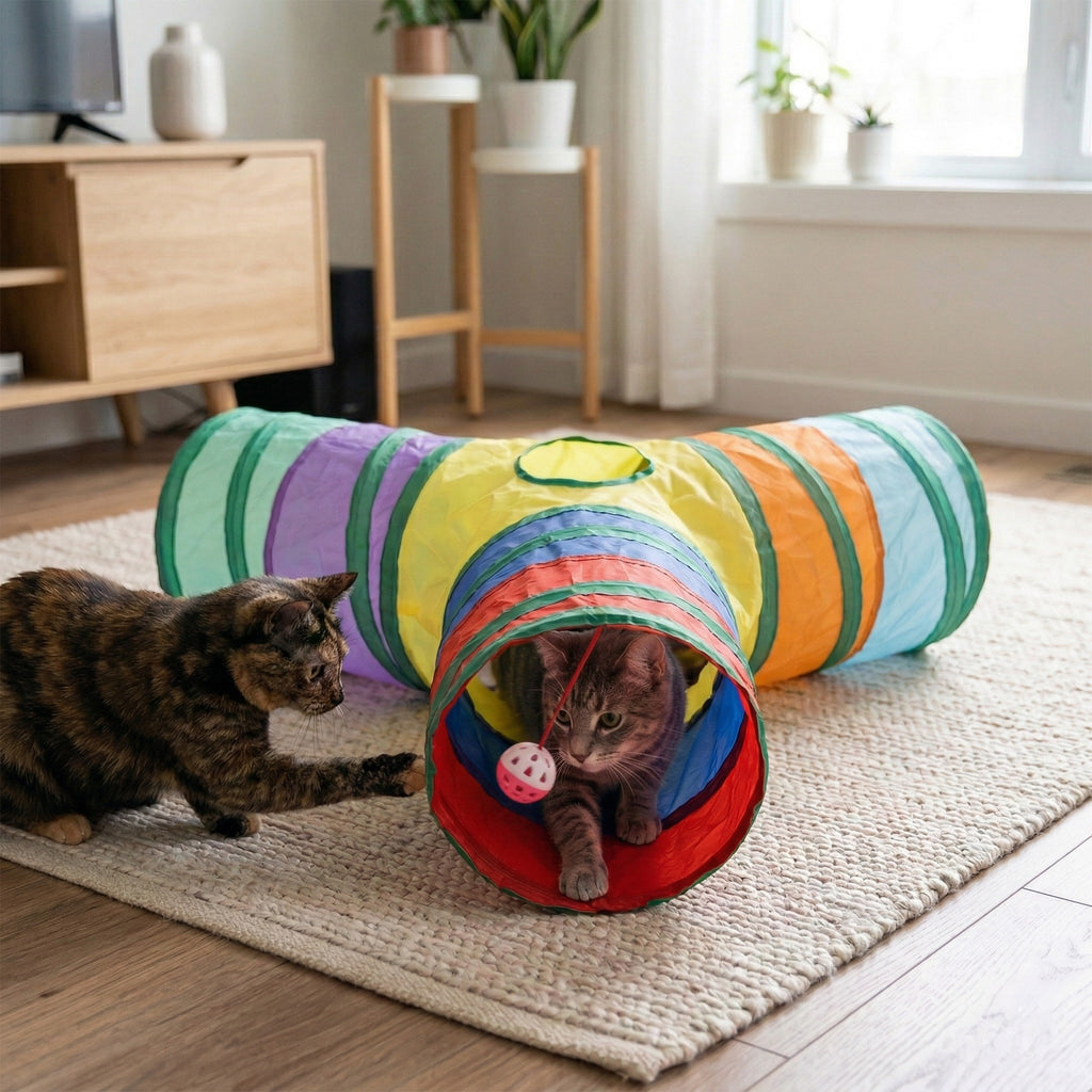 Anna-Kaci 3 Way Cat Tunnel Toy with Crinkle Fabric Peek Hole and Hanging Ball Collapsible Cat Play Tunnel