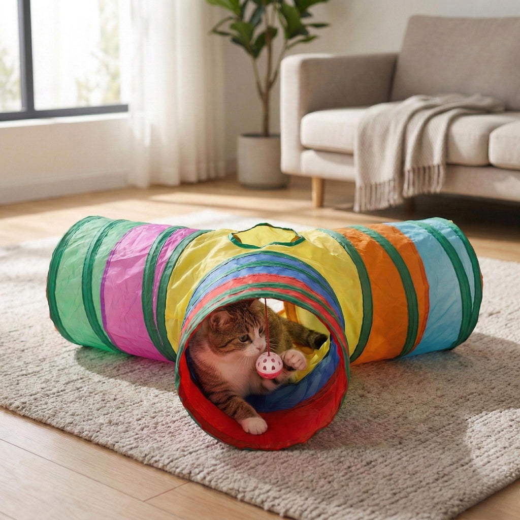 Anna-Kaci 3 Way Cat Tunnel Toy with Crinkle Fabric Peek Hole and Hanging Ball Collapsible Cat Play Tunnel