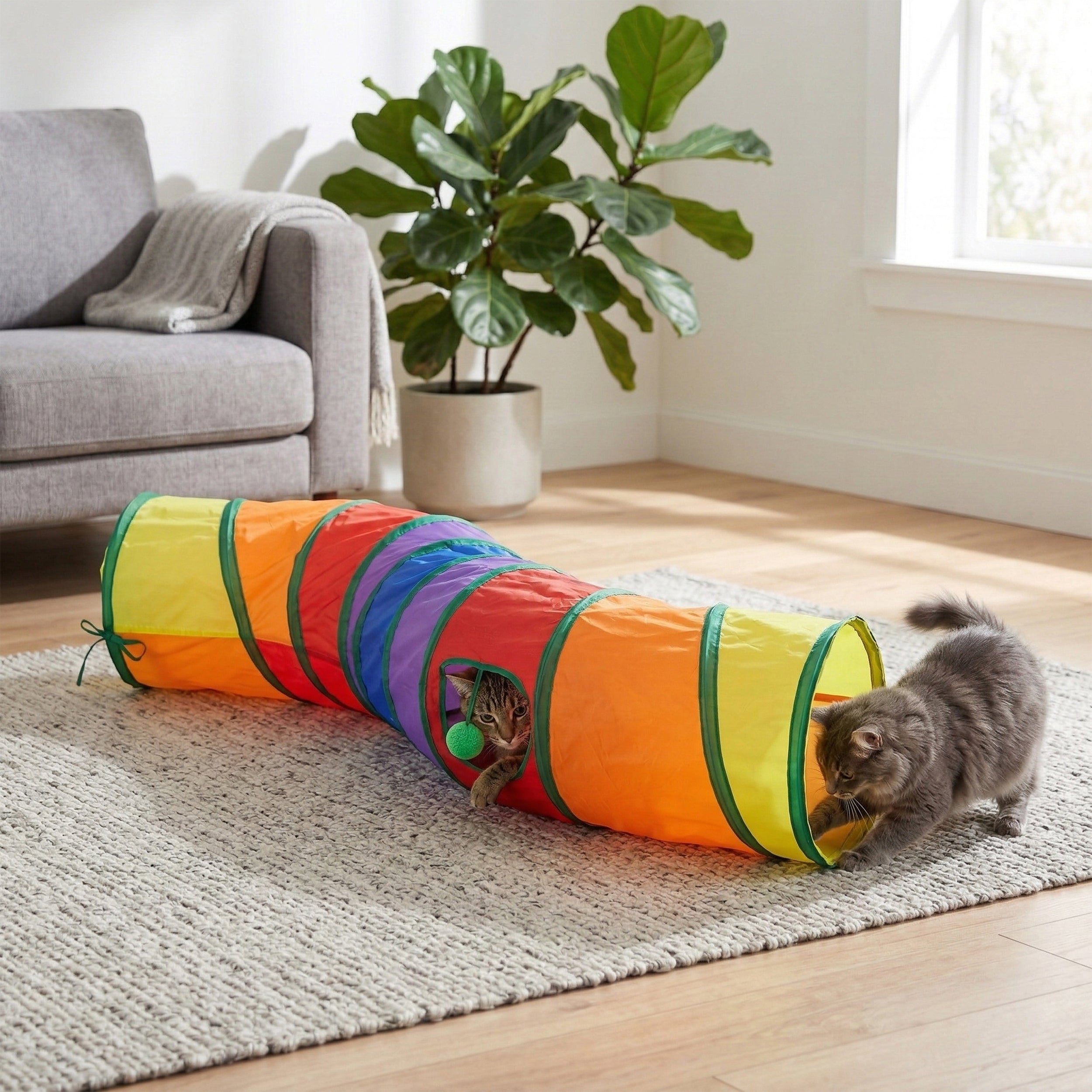 Anna-Kaci S Shaped Cat Tunnel Toy with Peek Hole and Hanging Ball Collapsible Indoor Cat Play Tunnel