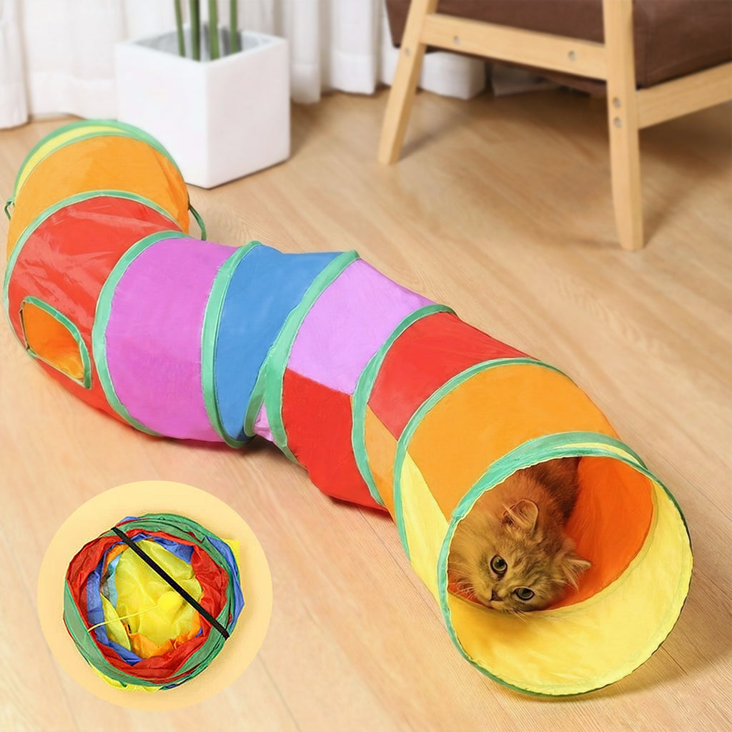 Anna-Kaci S Shaped Cat Tunnel Toy with Peek Hole and Hanging Ball Collapsible Indoor Cat Play Tunnel