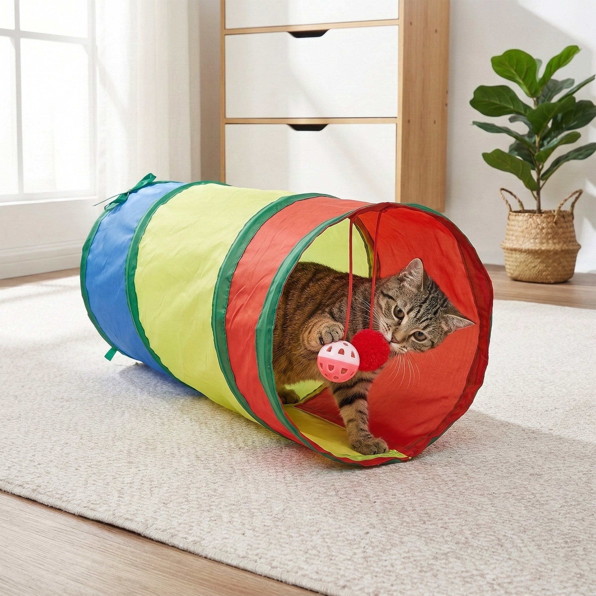 Anna-Kaci Cat Tunnel Toy with Crinkle Fabric Peek Hole and Hanging Ball Collapsible Indoor Cat Play Tunnel
