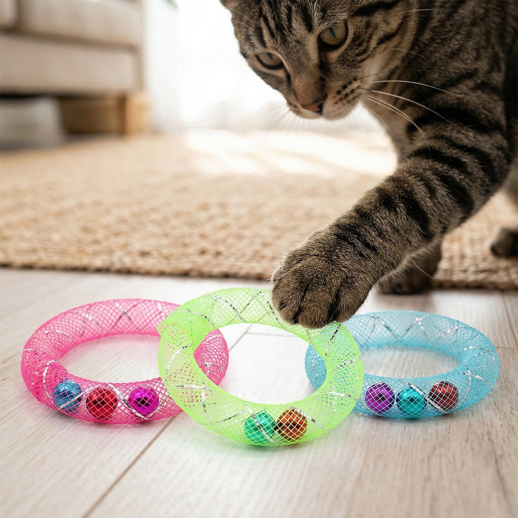 Anna-Kaci Interactive Mesh Cat Toy Rings with Bell Colorful Lightweight Cat Toys for Indoor Cats 6 Pack