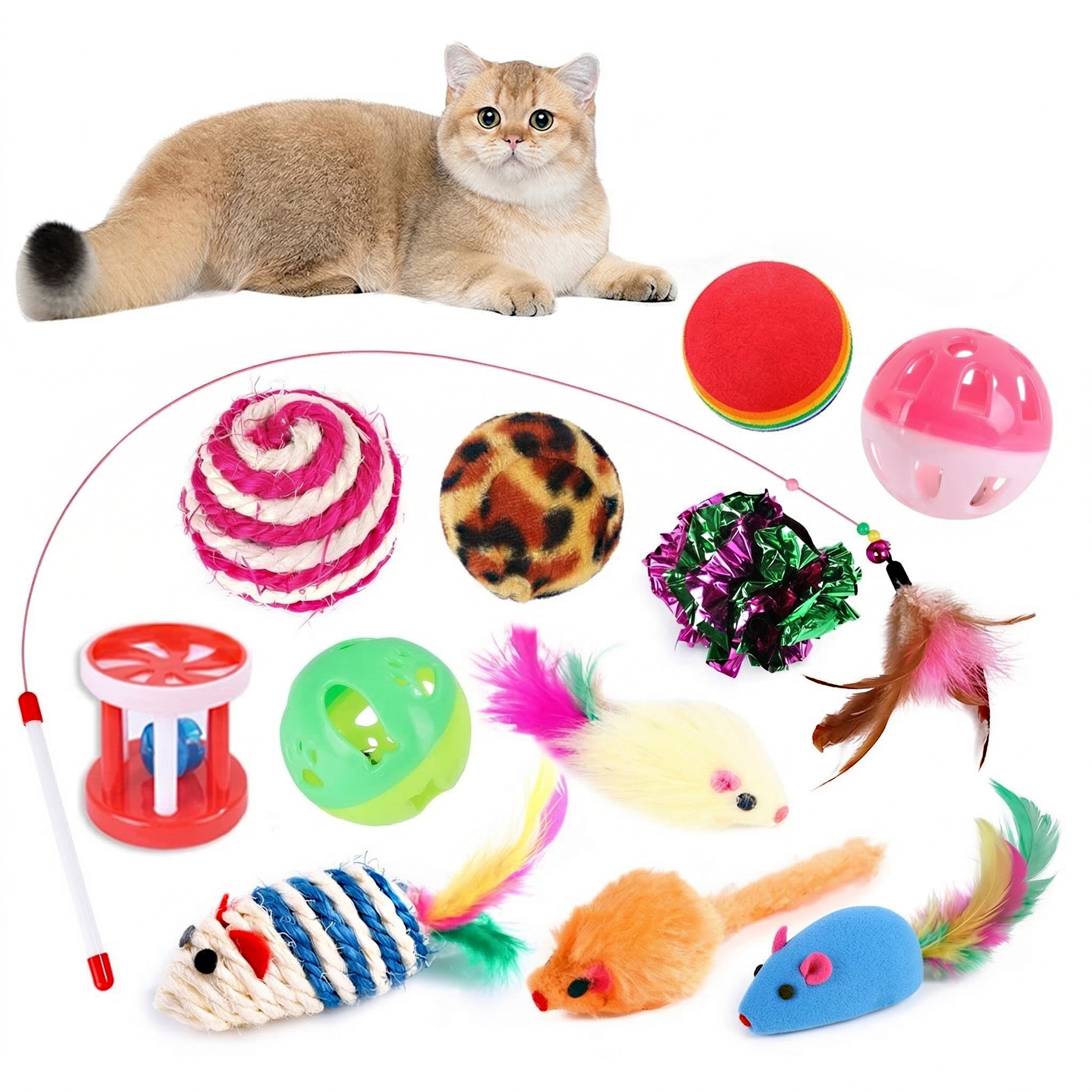 Anna-Kaci 12 Pack Cat Toy Variety Set with Wand Toy Plush Mice Balls Bell Toys for Indoor Cats