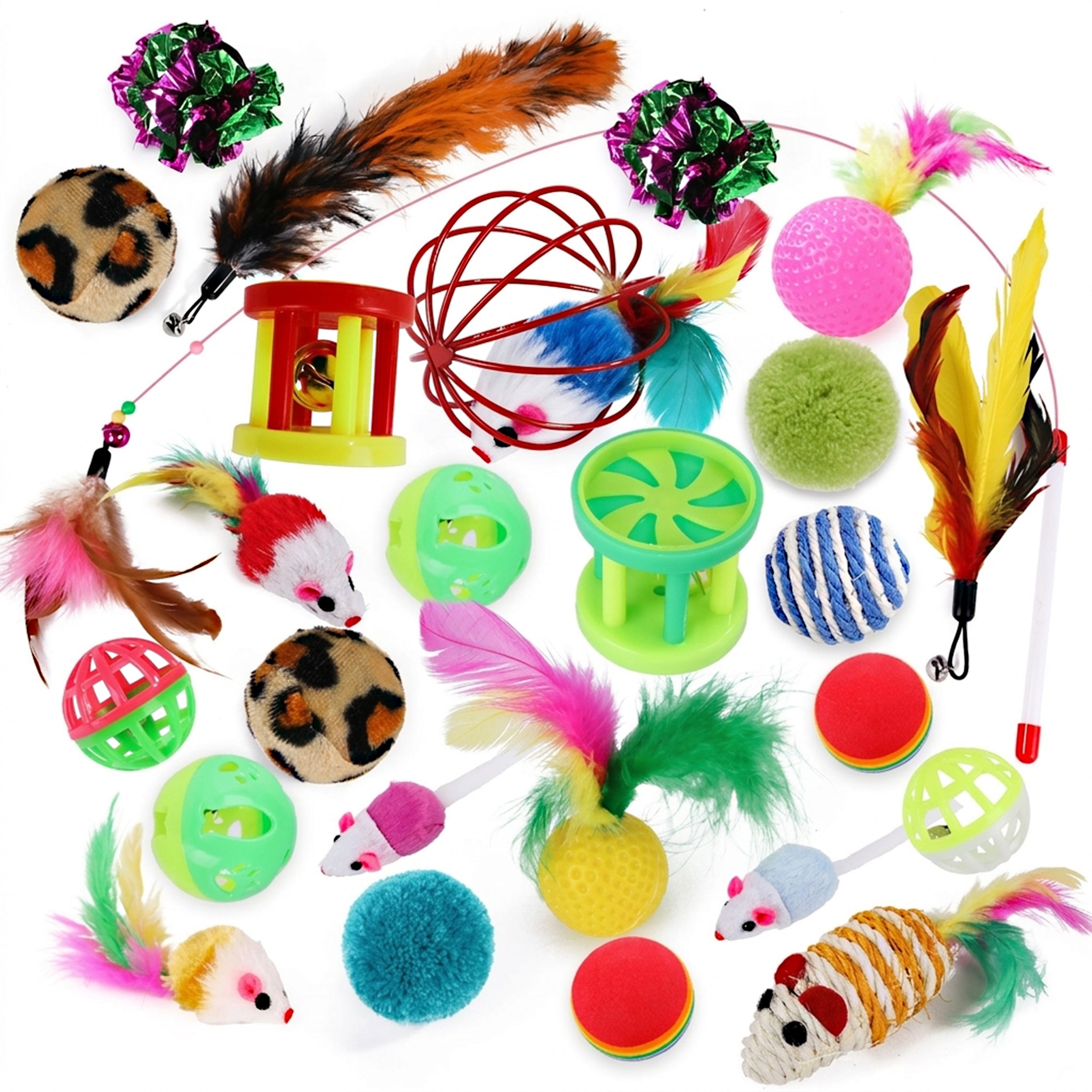 Anna-Kaci 26 Pack Cat Toy Variety Set with Feather Teasers Plush Mice Balls and Bell Toys for Cats