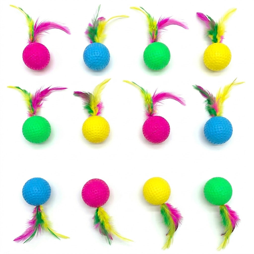 Anna-Kaci 12 Pack Cat Toy Balls with Feathers, Interactive Kitten Play Set, Lightweight Pet Toys