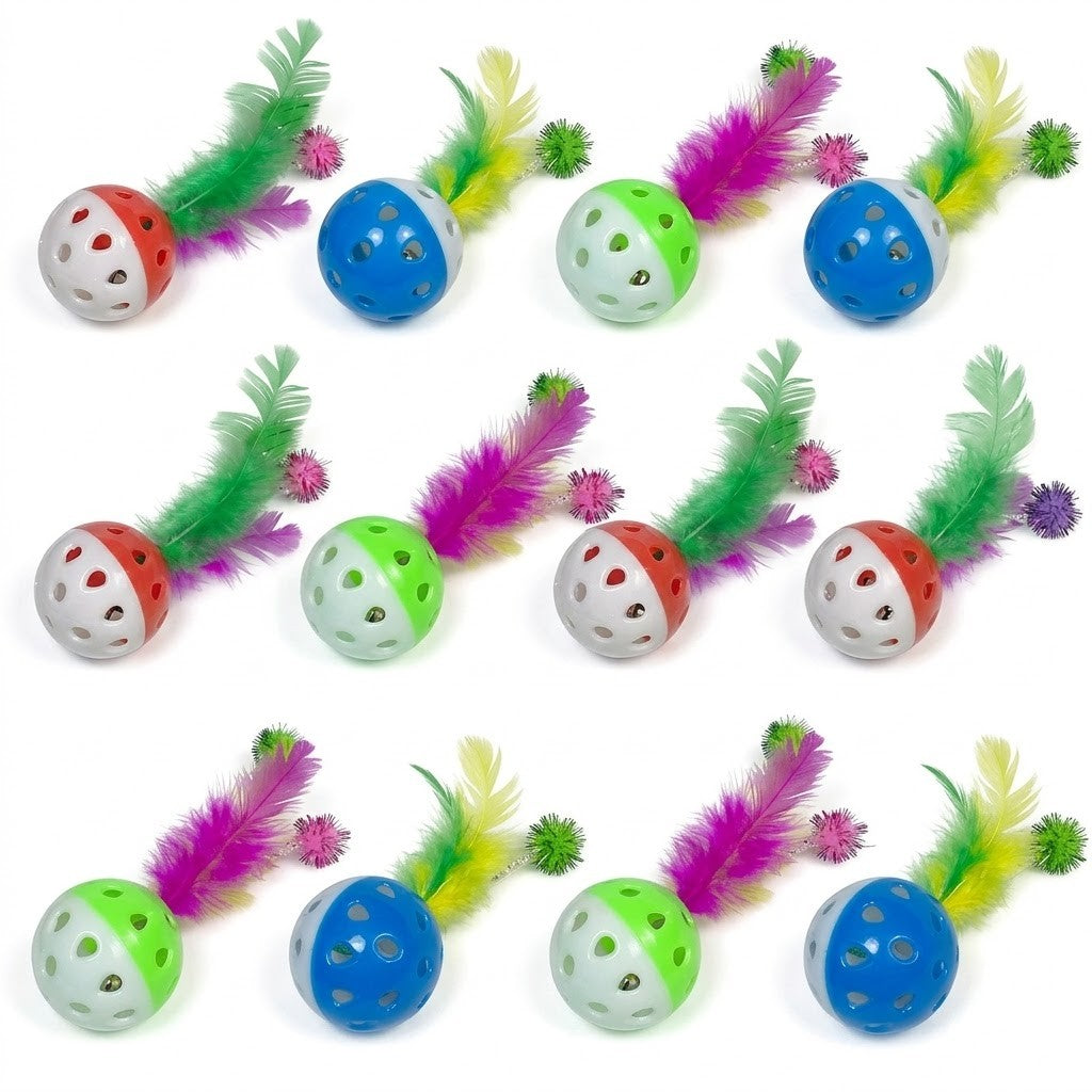 Anna-Kaci 12 Pack Cat Toy Balls with Bell and Feathers, Interactive Kitten Toys, Lightweight Play Balls