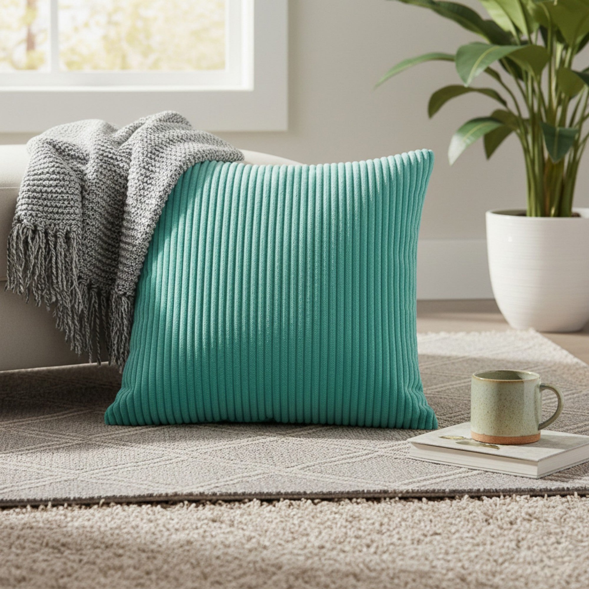 Anna-Kaci Ribbed Textured Pillow Cover Decorative Square Cushion Case Single Piece 17.7x17.7in