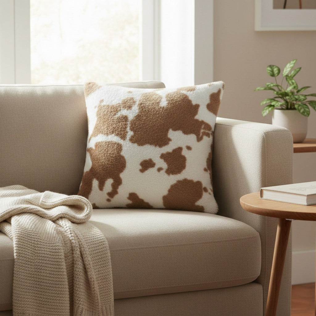 Anna-Kaci Cow Print Decorative Throw Pillow Covers 2-Pack Soft Plush Square Cushion Covers with Hidden Zipper 17.7x17.7in