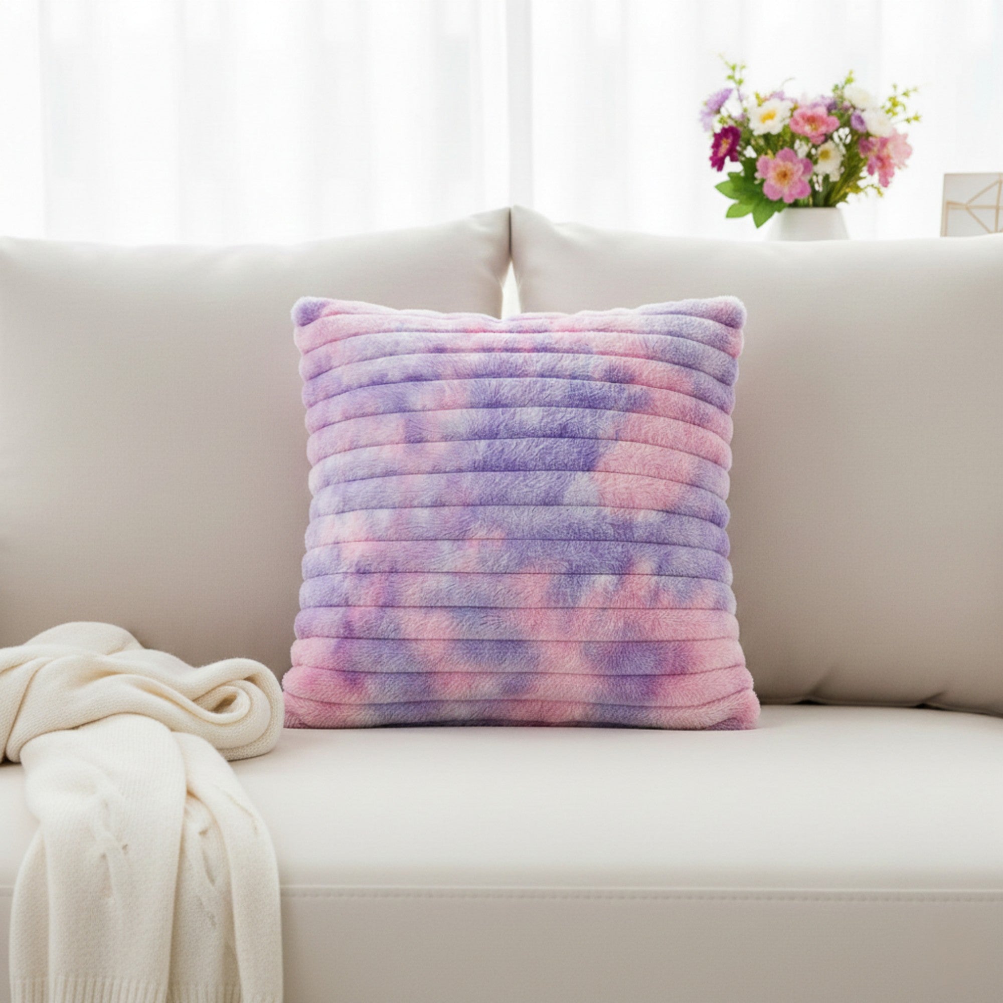 Anna-Kaci Plush Tie-Dye Decorative Throw Pillow Covers 2 Pack with Ribbed Texture Square Cushion Covers 17.7x17.7in