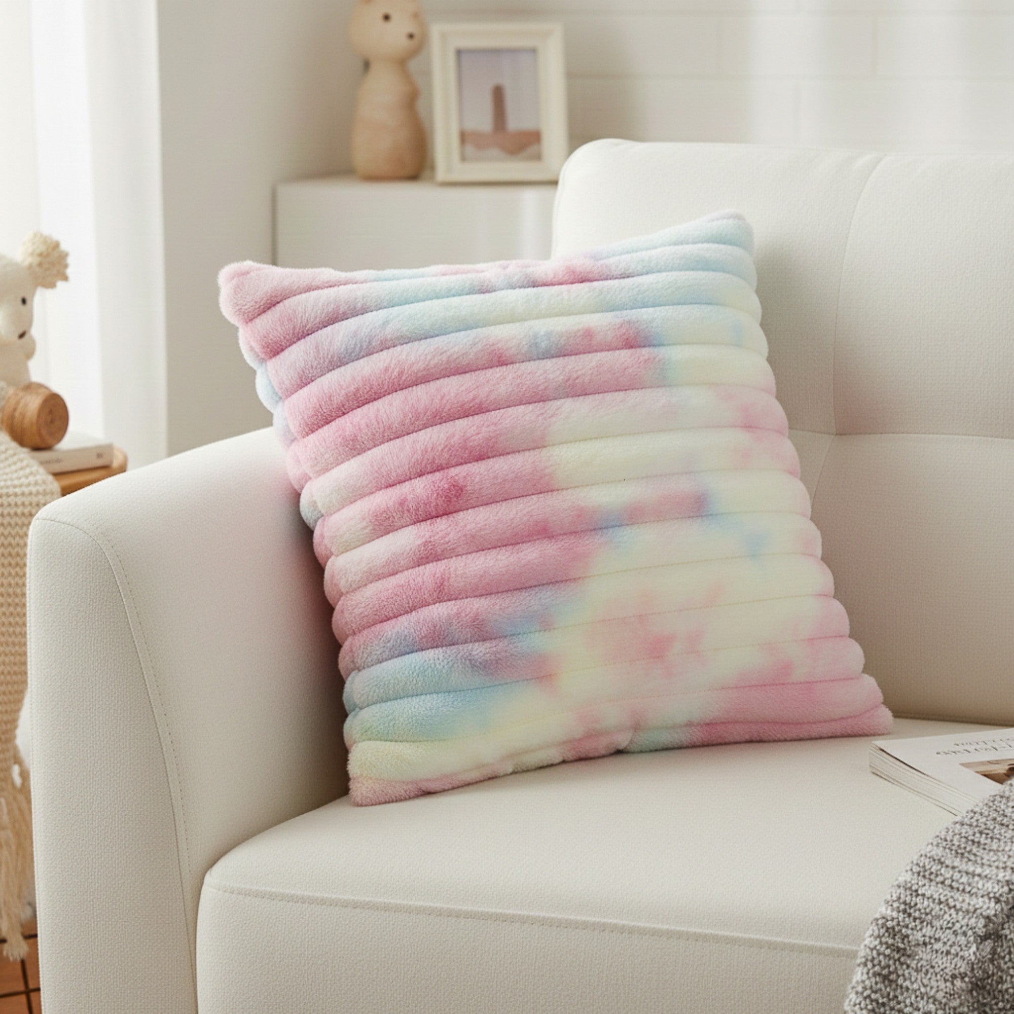 Anna-Kaci Plush Tie-Dye Decorative Throw Pillow Covers 2 Pack with Ribbed Texture Square Cushion Covers 17.7x17.7in