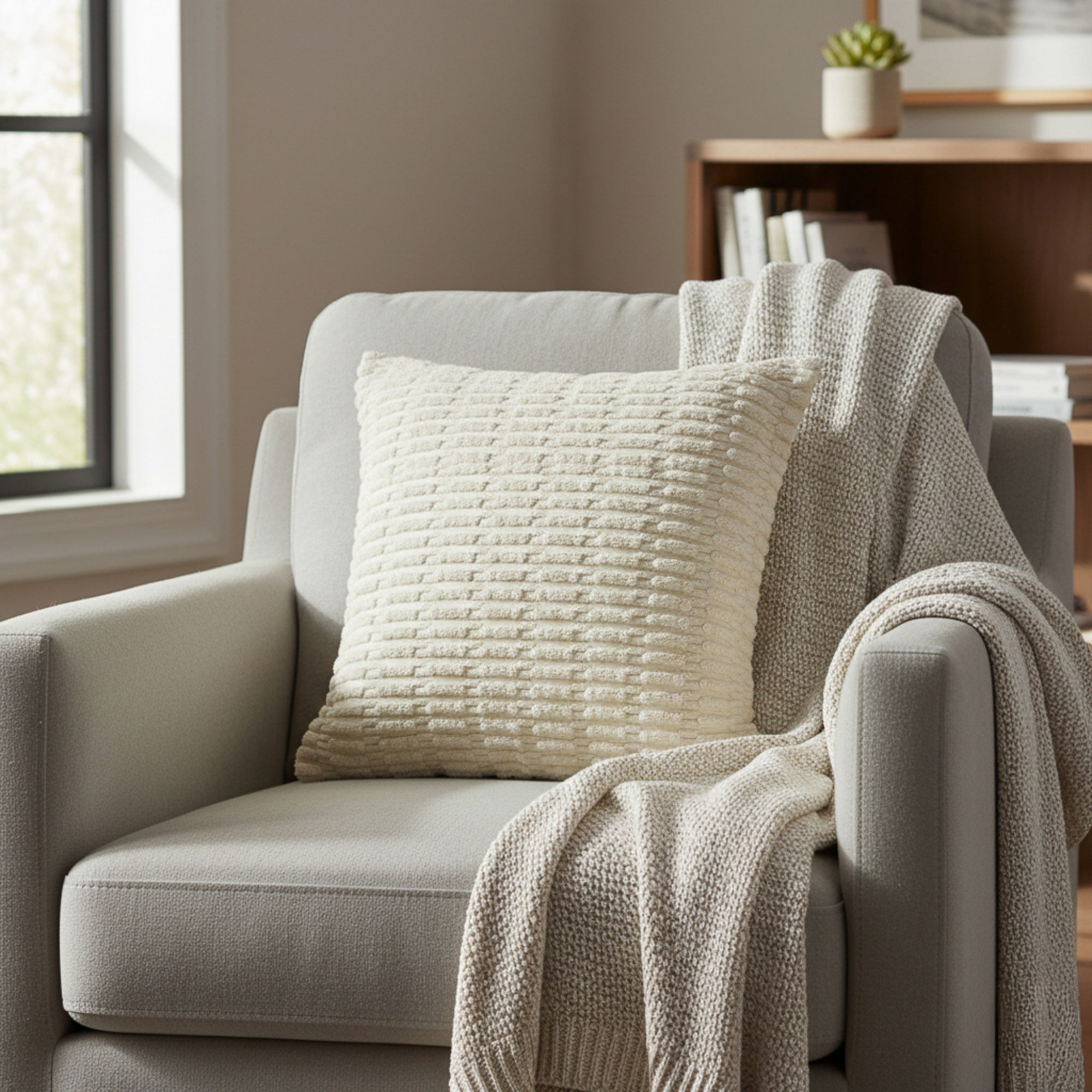 Anna-Kaci Striped Textured Decorative Throw Pillow Covers 2 Pack with Ribbed Chenille Surface Square Cushion Covers 17.7x17.7in