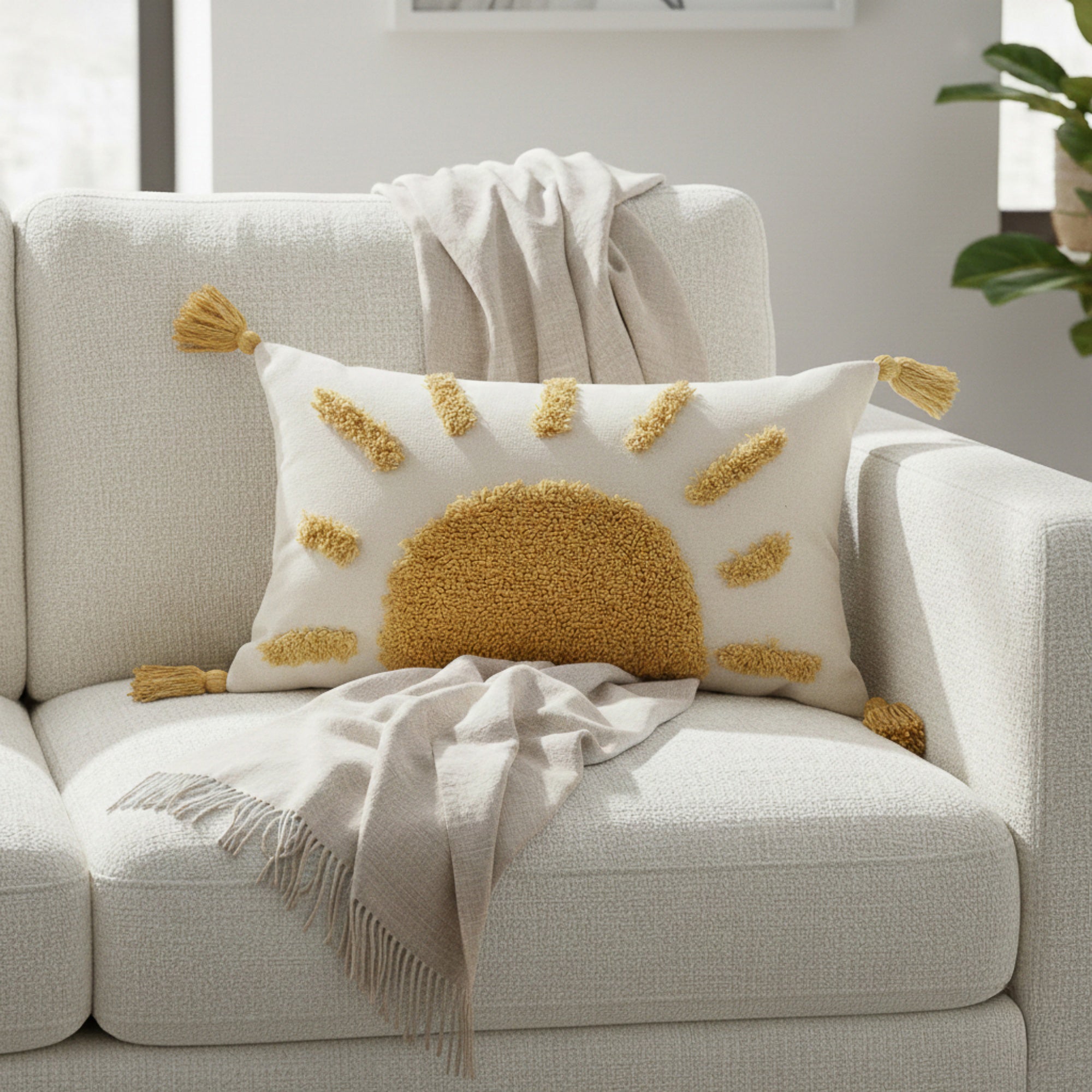Anna-Kaci Tufted Sun Decorative Throw Pillow with Textured Embroidery and Tassel Corners