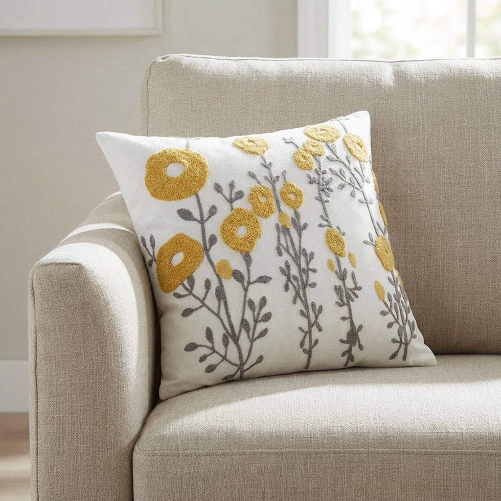 Anna-Kaci Decorative Embroidered Botanical Throw Pillow Cover Textured Fabric Square Cushion Cover Single Pack