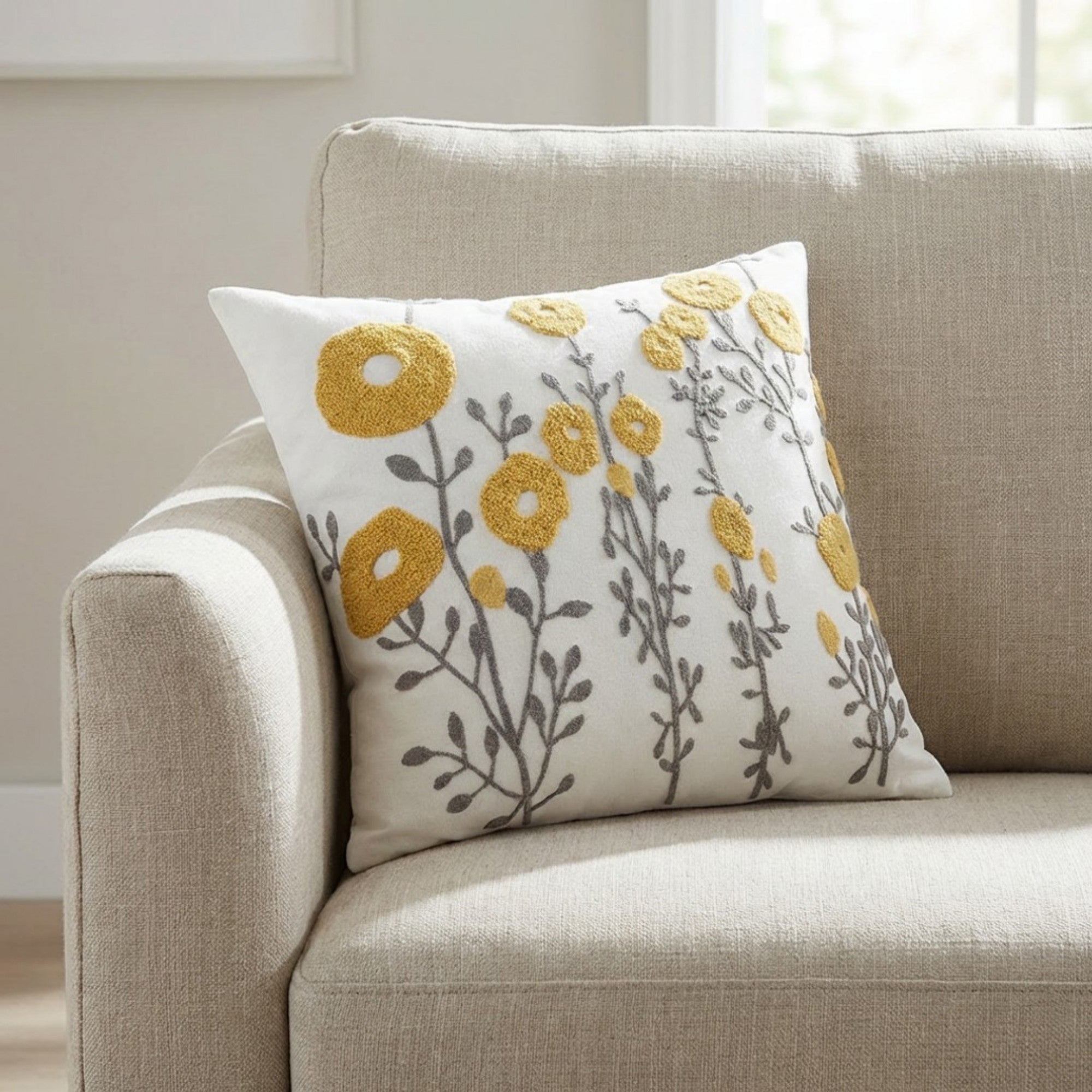 Anna-Kaci Decorative Embroidered Botanical Throw Pillow Cover Textured Fabric Square Cushion Cover Single Pack