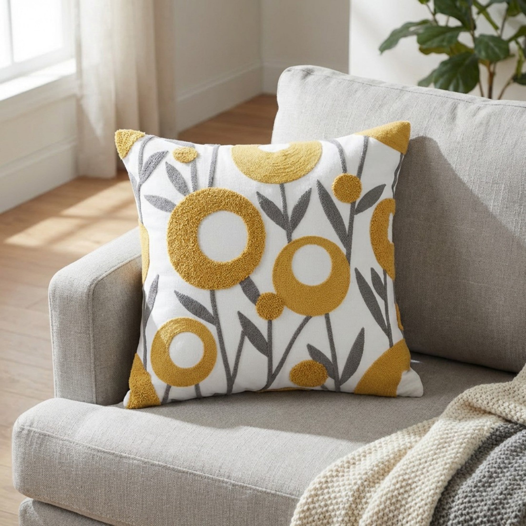 Anna-Kaci Decorative Embroidered Botanical Throw Pillow Cover Textured Fabric Square Cushion Cover Single Pack