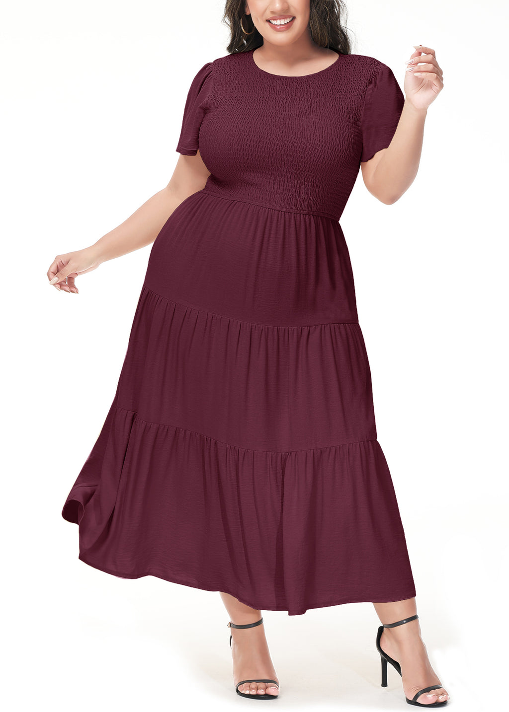 Vestido largo informal de talla grande con escote redondo, manga corta, cintura elástica y fruncido para mujer de Anna-Kaci