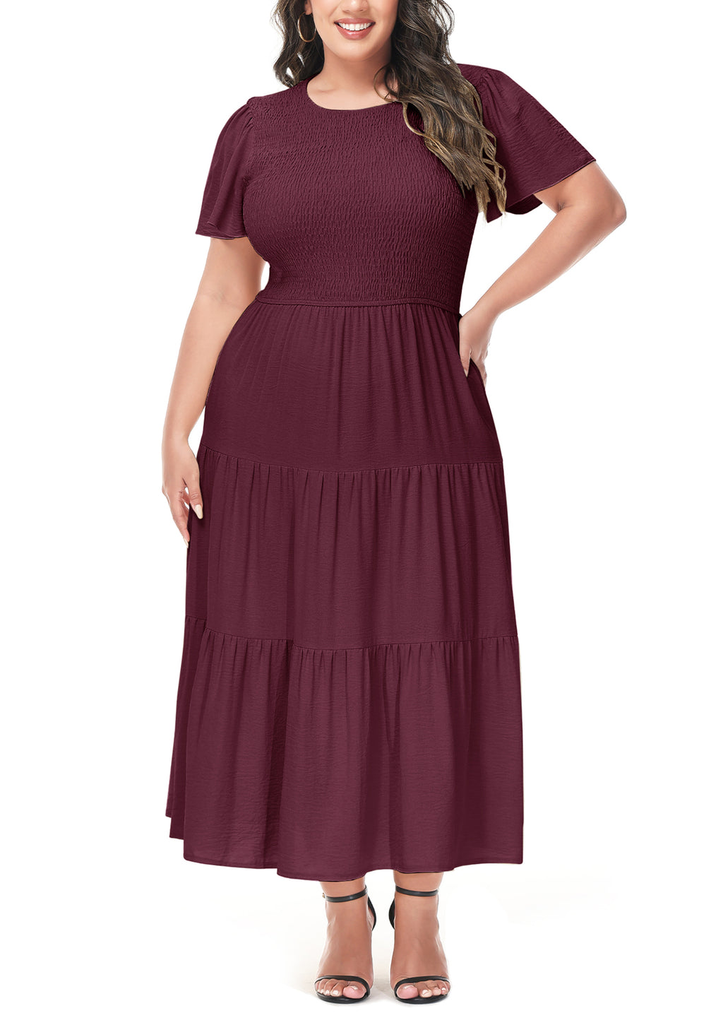 Vestido largo informal de talla grande con escote redondo, manga corta, cintura elástica y fruncido para mujer de Anna-Kaci