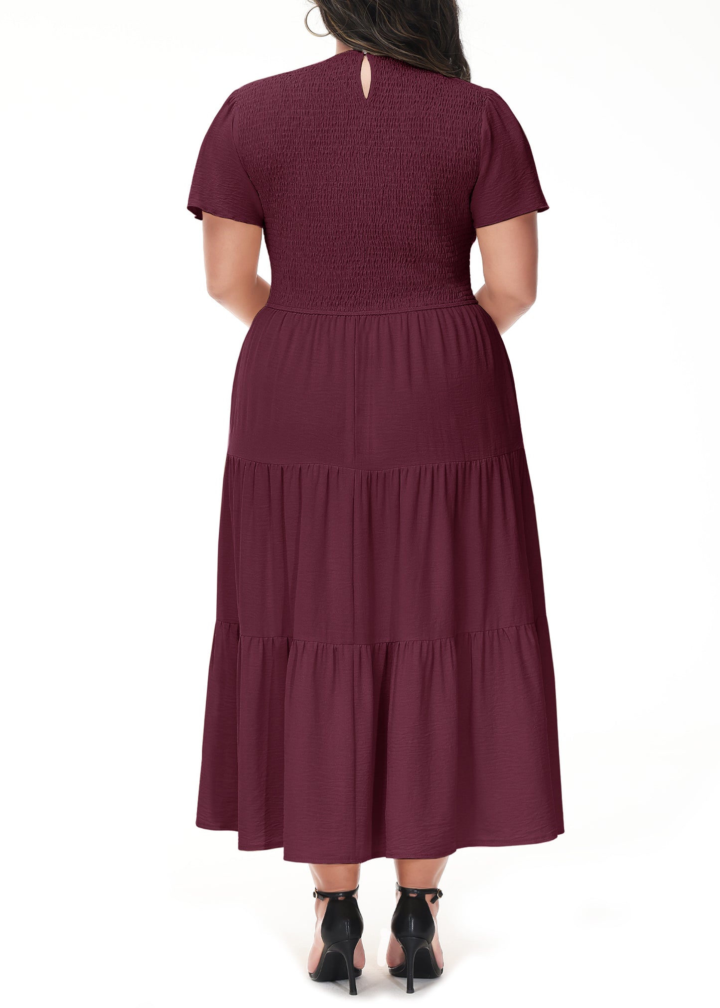 Anna-Kaci Women's Plus Size Casual Round Neck Flutter Short Sleeve Elastic Waist Smocked Tiered Maxi Dress