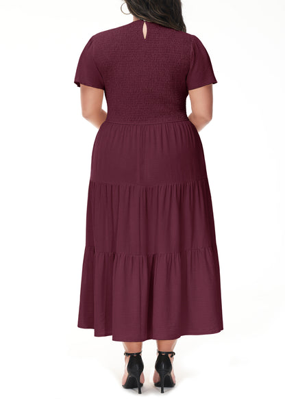 Anna-Kaci Women's Plus Size Casual Round Neck Flutter Short Sleeve Elastic Waist Smocked Tiered Maxi Dress