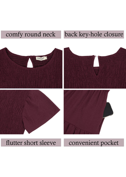 Anna-Kaci Women's Plus Size Casual Round Neck Flutter Short Sleeve Elastic Waist Smocked Tiered Maxi Dress