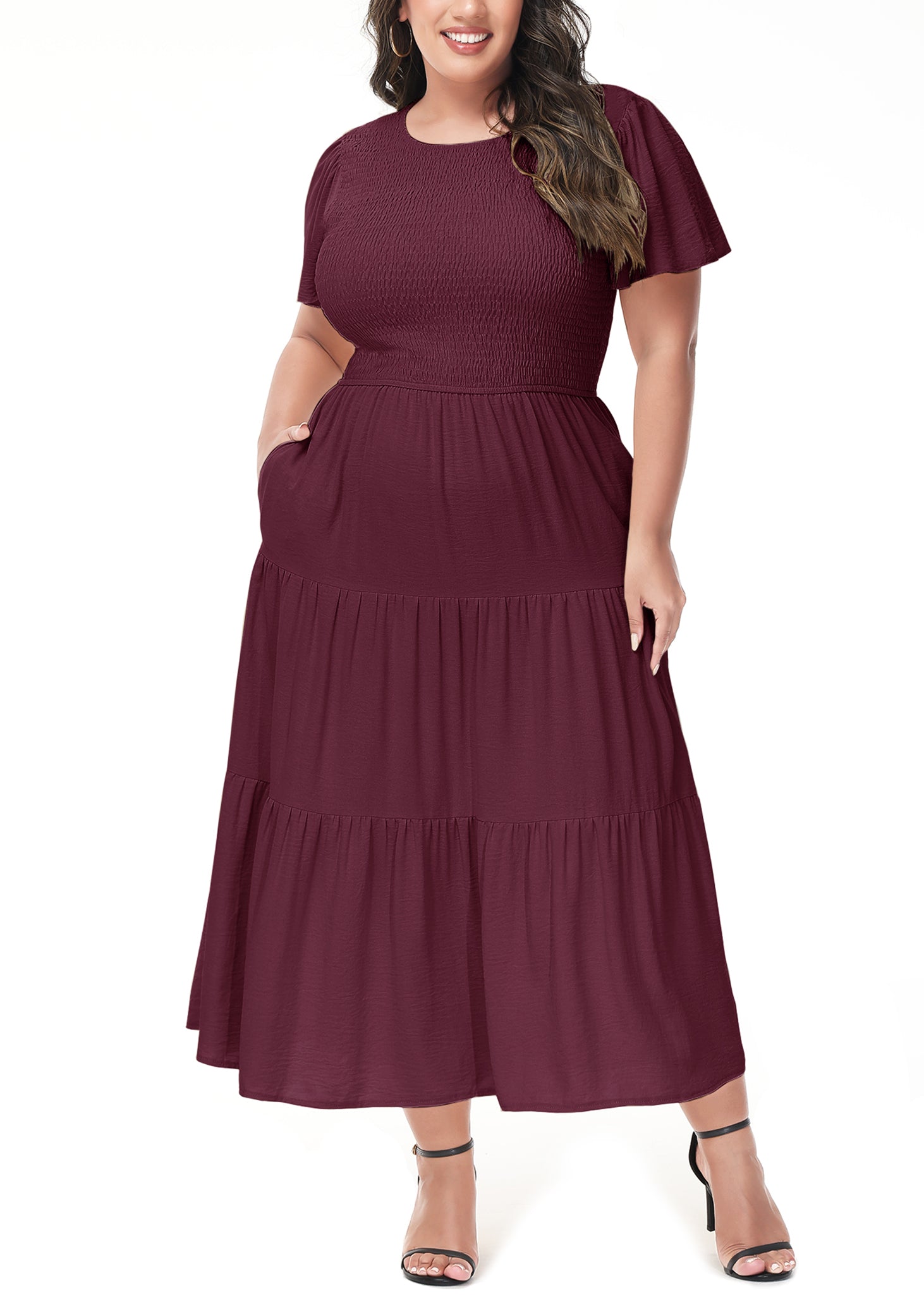 Vestido largo informal de talla grande con escote redondo, manga corta, cintura elástica y fruncido para mujer de Anna-Kaci