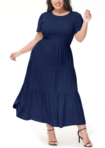 Anna-Kaci Women's Plus Size Casual Round Neck Flutter Short Sleeve Elastic Waist Smocked Tiered Maxi Dress