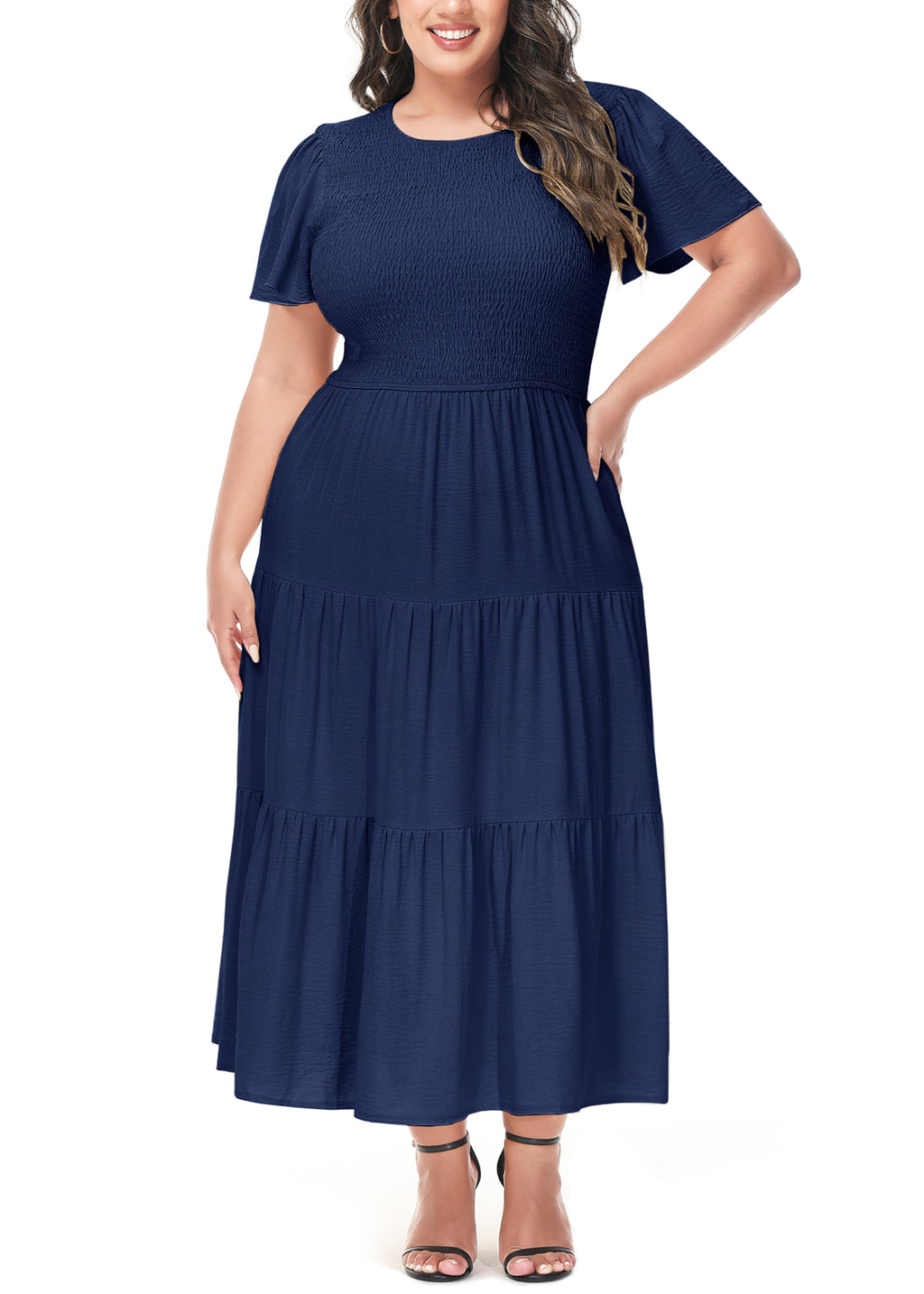 Vestido largo informal de talla grande con escote redondo, manga corta, cintura elástica y fruncido para mujer de Anna-Kaci