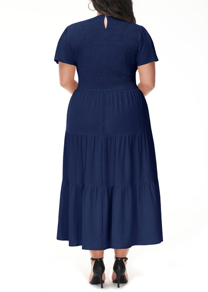 Anna-Kaci Women's Plus Size Casual Round Neck Flutter Short Sleeve Elastic Waist Smocked Tiered Maxi Dress