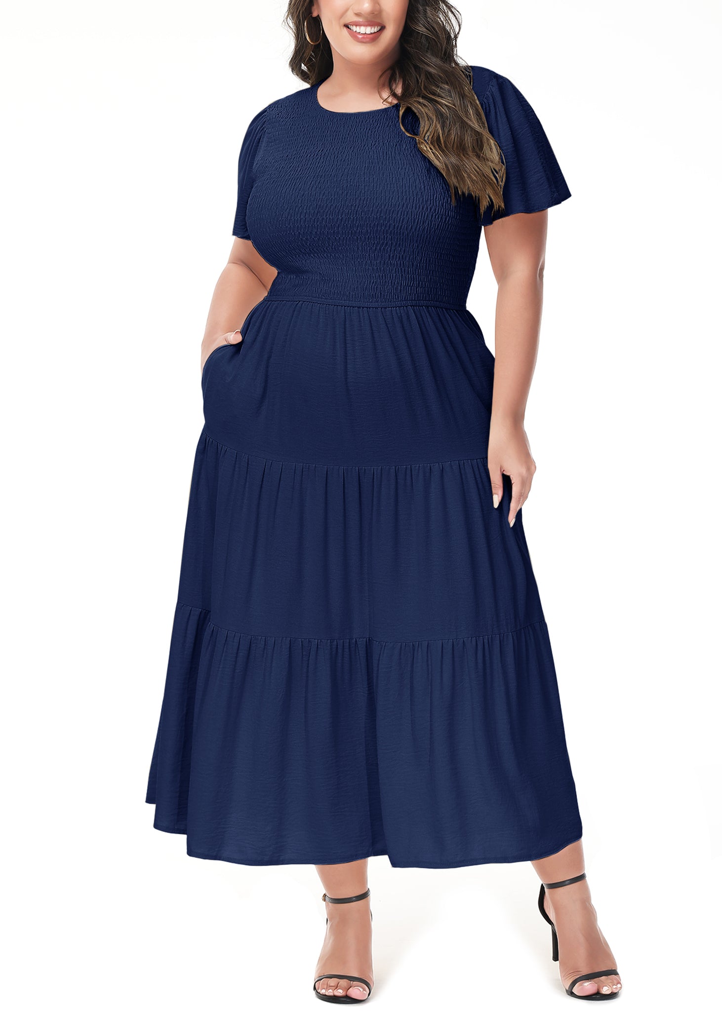 Vestido largo informal de talla grande con escote redondo, manga corta, cintura elástica y fruncido para mujer de Anna-Kaci