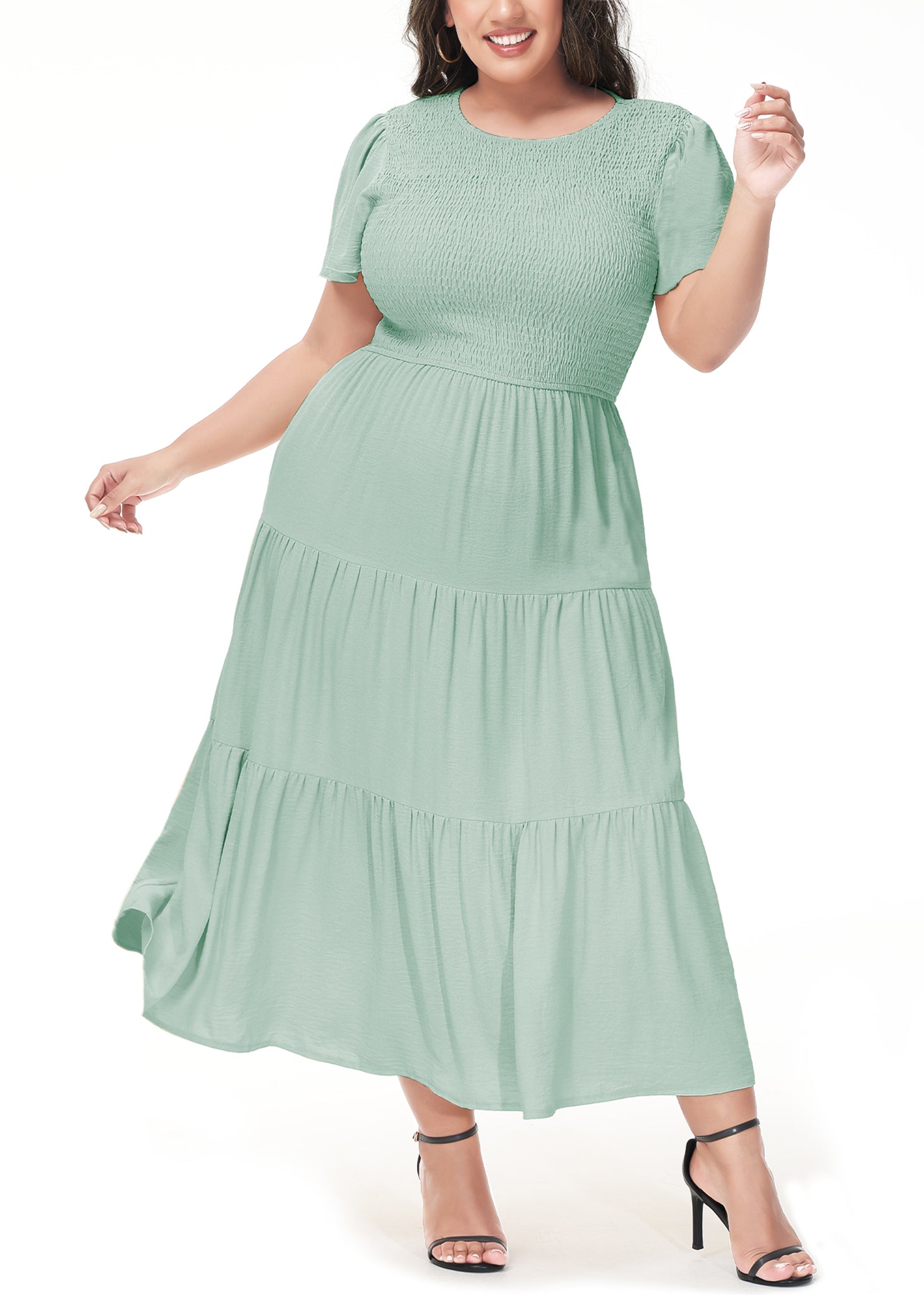 Anna-Kaci Women's Plus Size Casual Round Neck Flutter Short Sleeve Ela