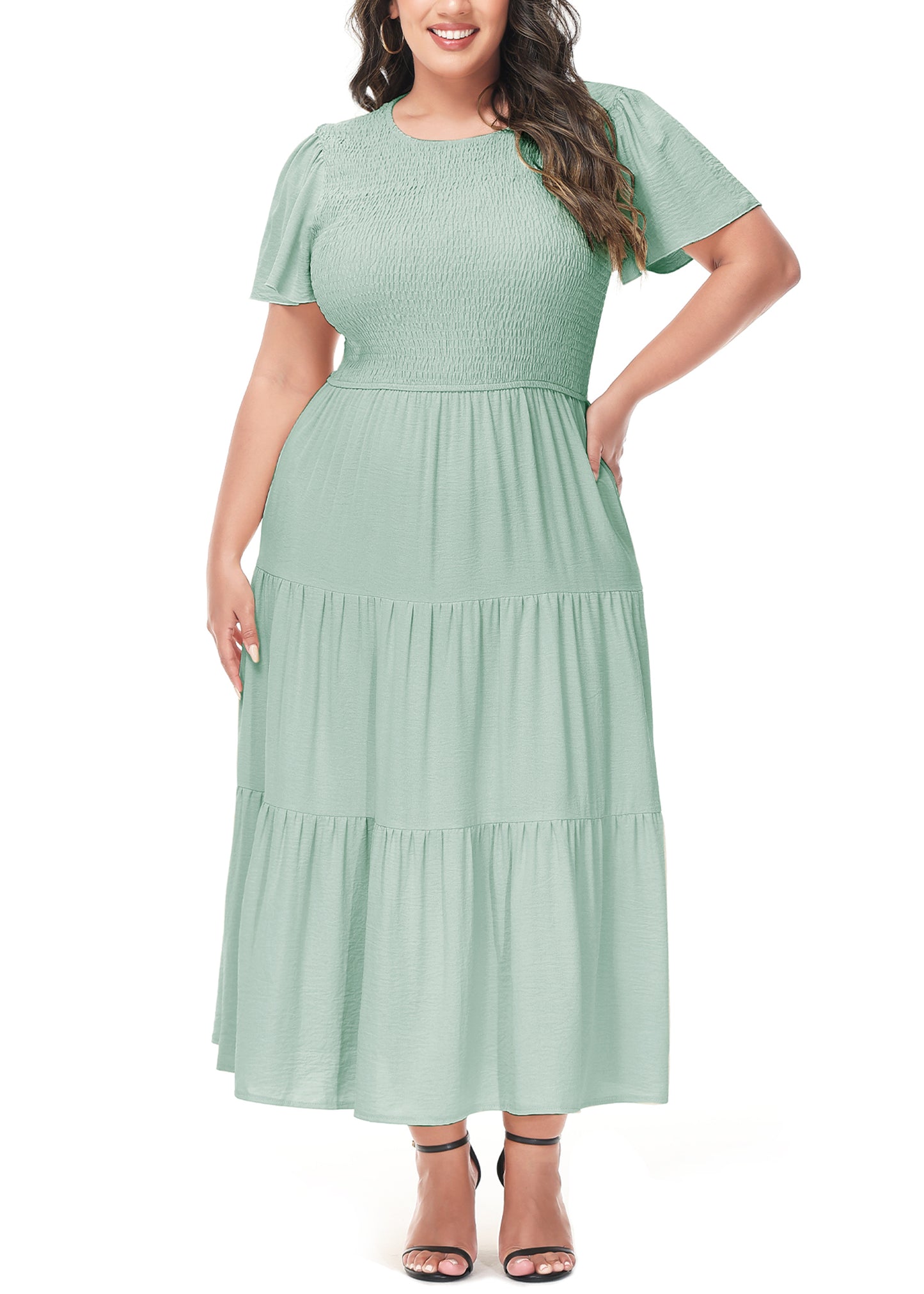 Anna-Kaci Women's Plus Size Casual Round Neck Flutter Short Sleeve Elastic Waist Smocked Tiered Maxi Dress