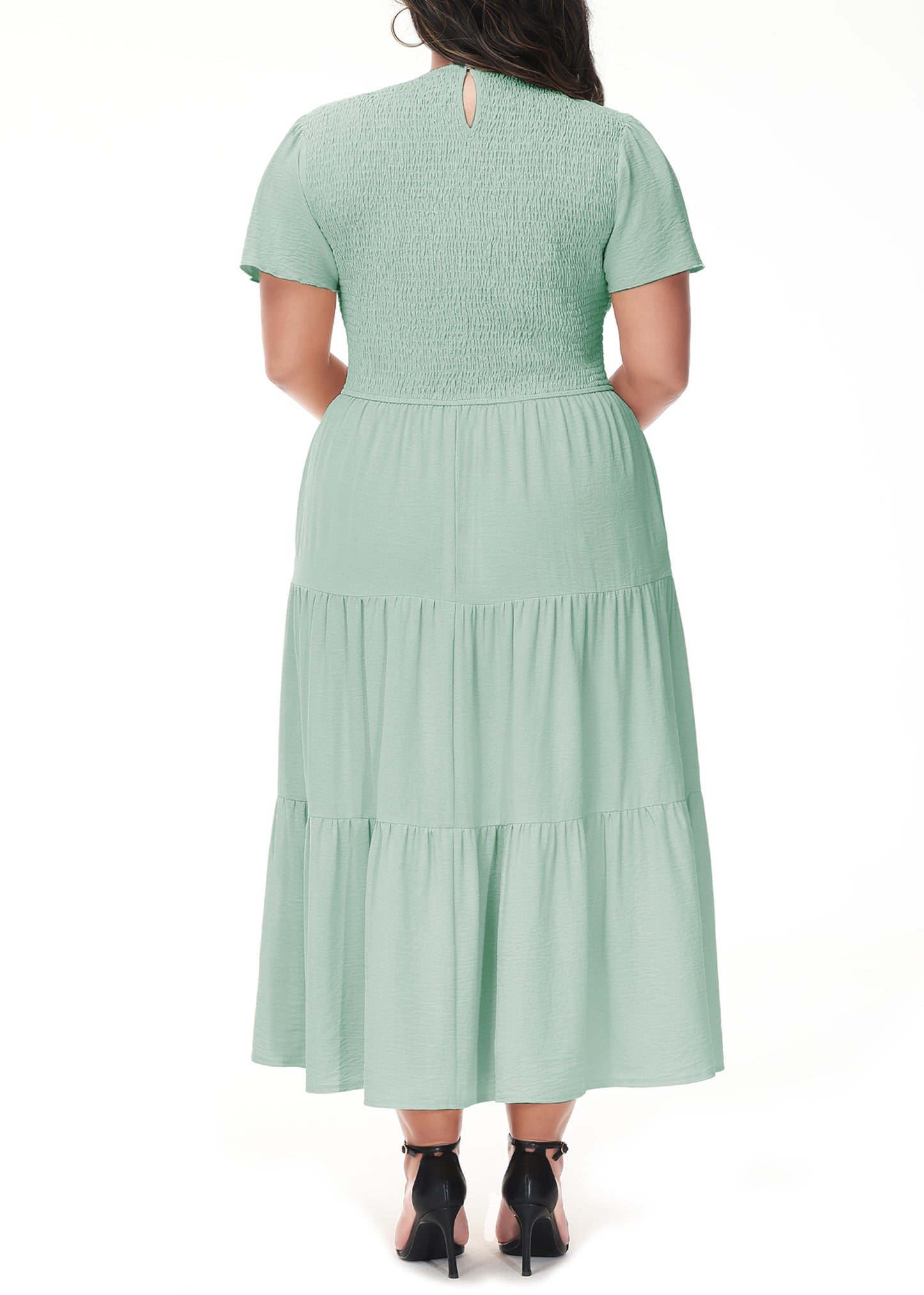 Anna-Kaci Women's Plus Size Casual Round Neck Flutter Short Sleeve Elastic Waist Smocked Tiered Maxi Dress