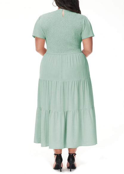 Anna-Kaci Women's Plus Size Casual Round Neck Flutter Short Sleeve Elastic Waist Smocked Tiered Maxi Dress